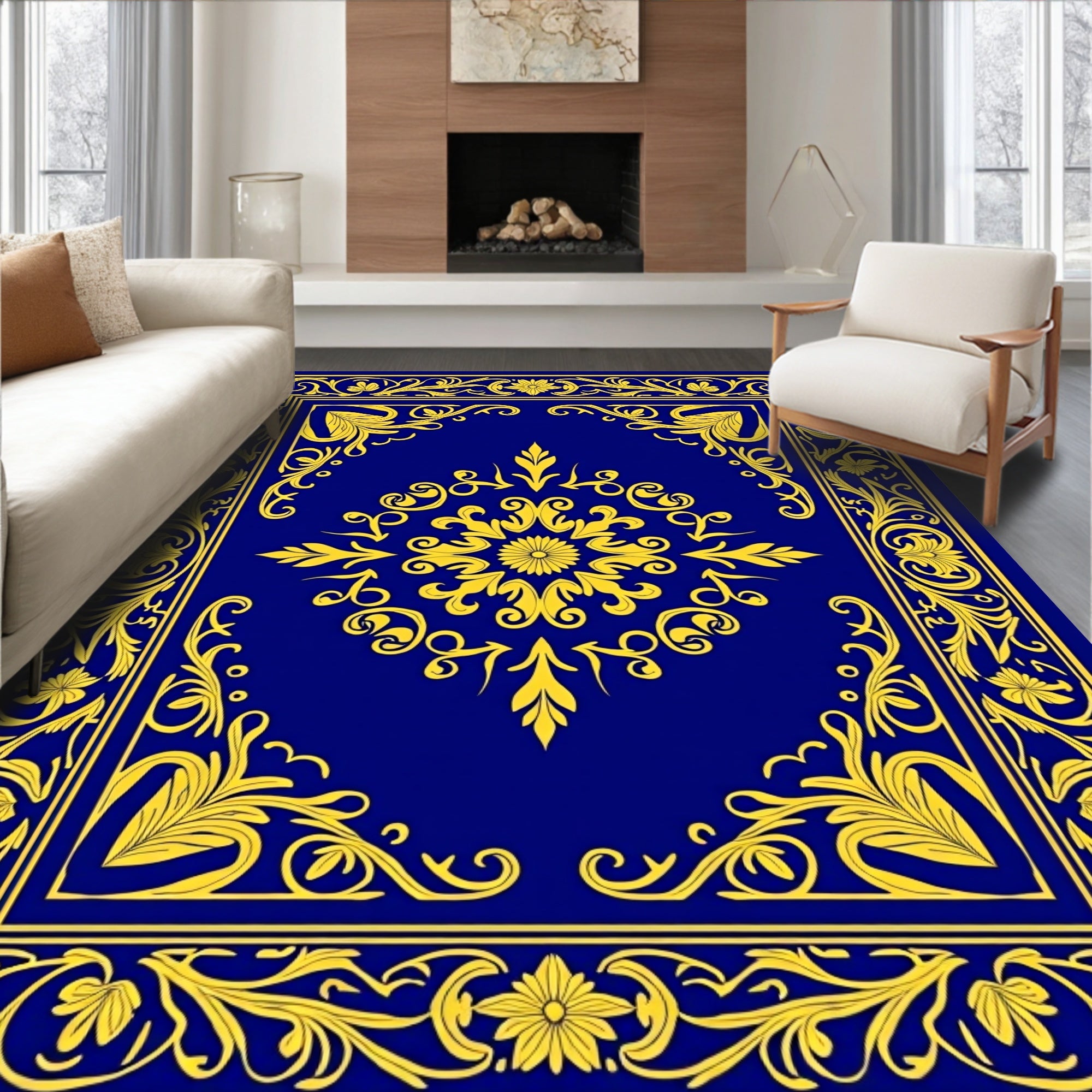 Vibrant Blue Gold Floral Medallion Rug