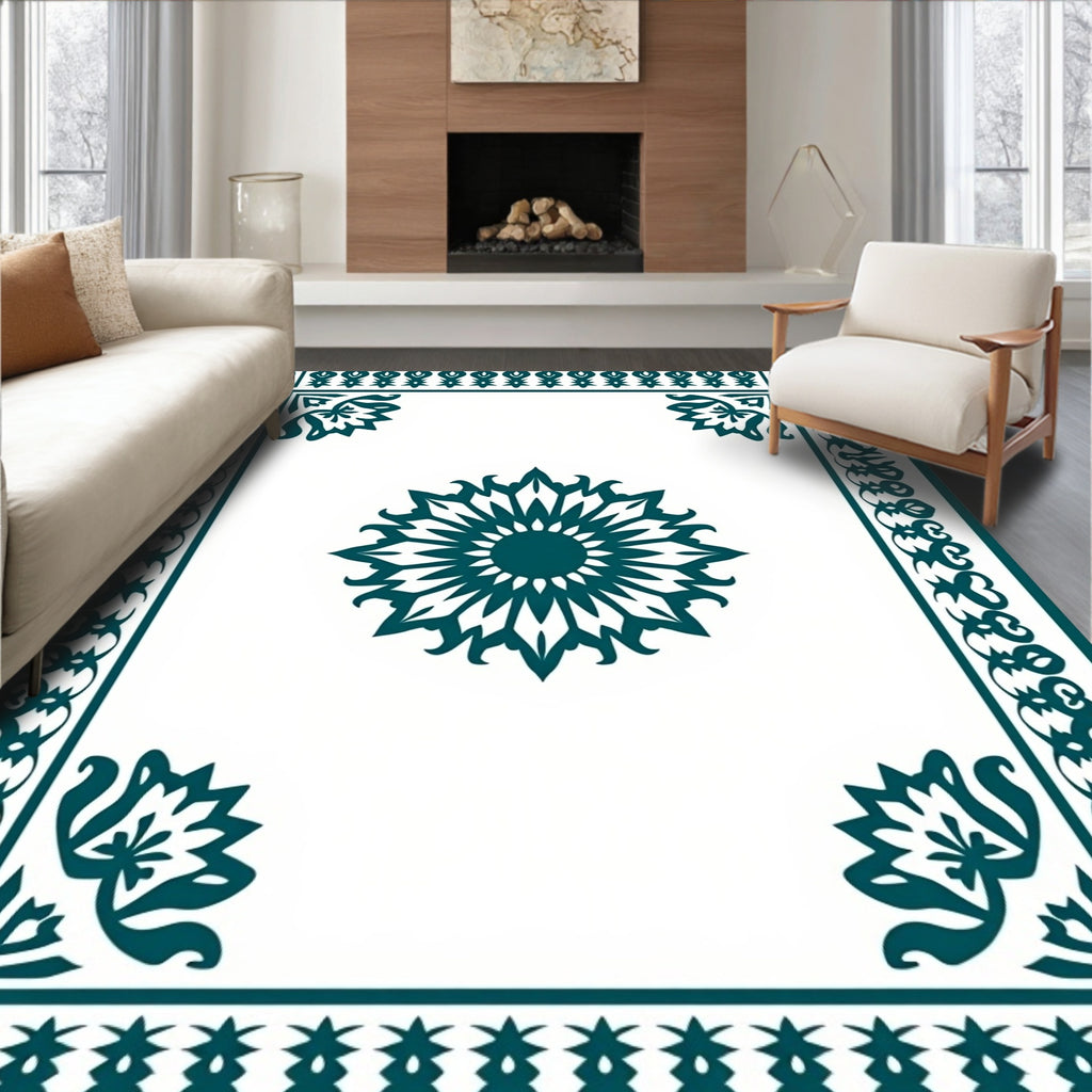 Intricate Teal Floral Mandala Design Rug