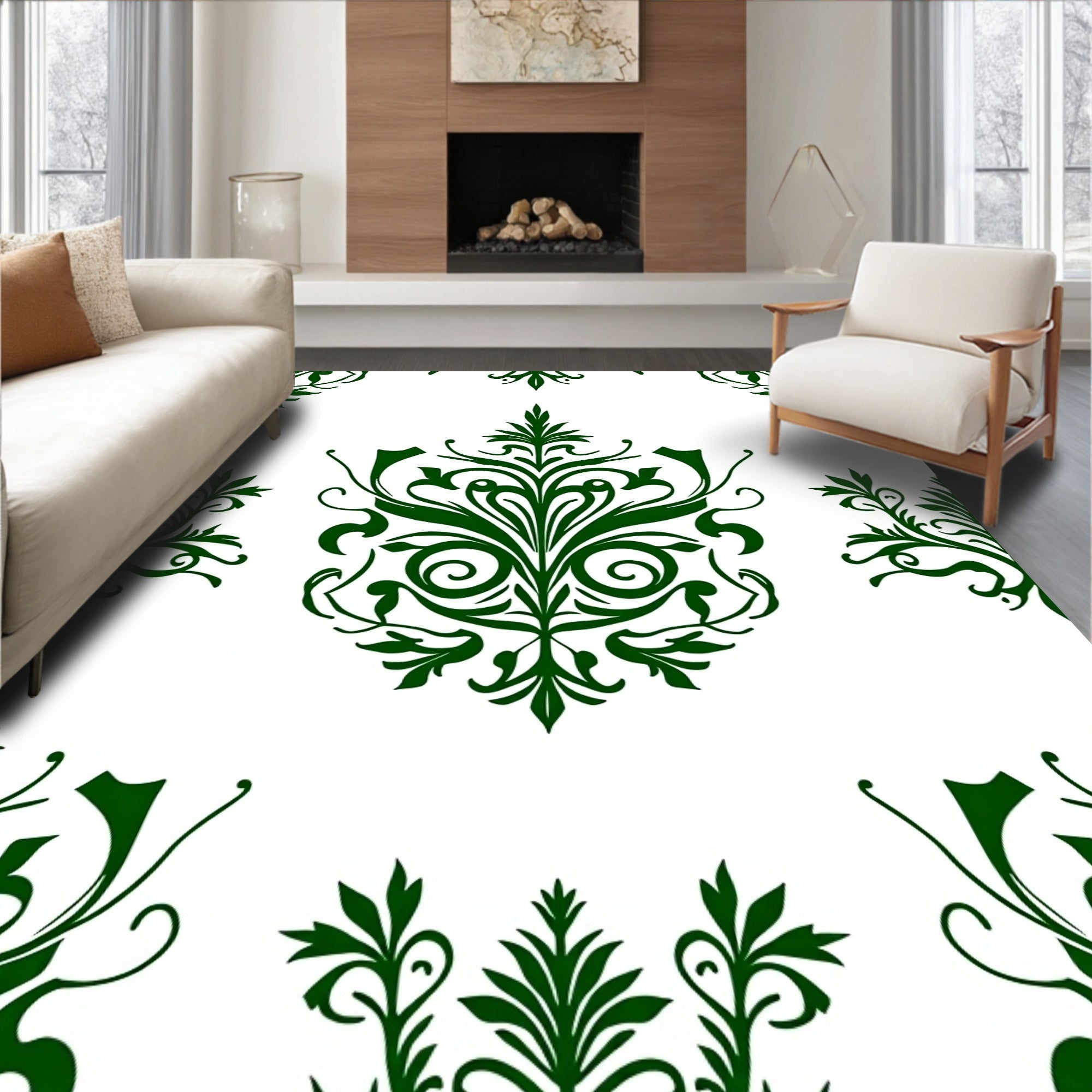 Elegant Symmetrical Green Floral Pattern Design Rug