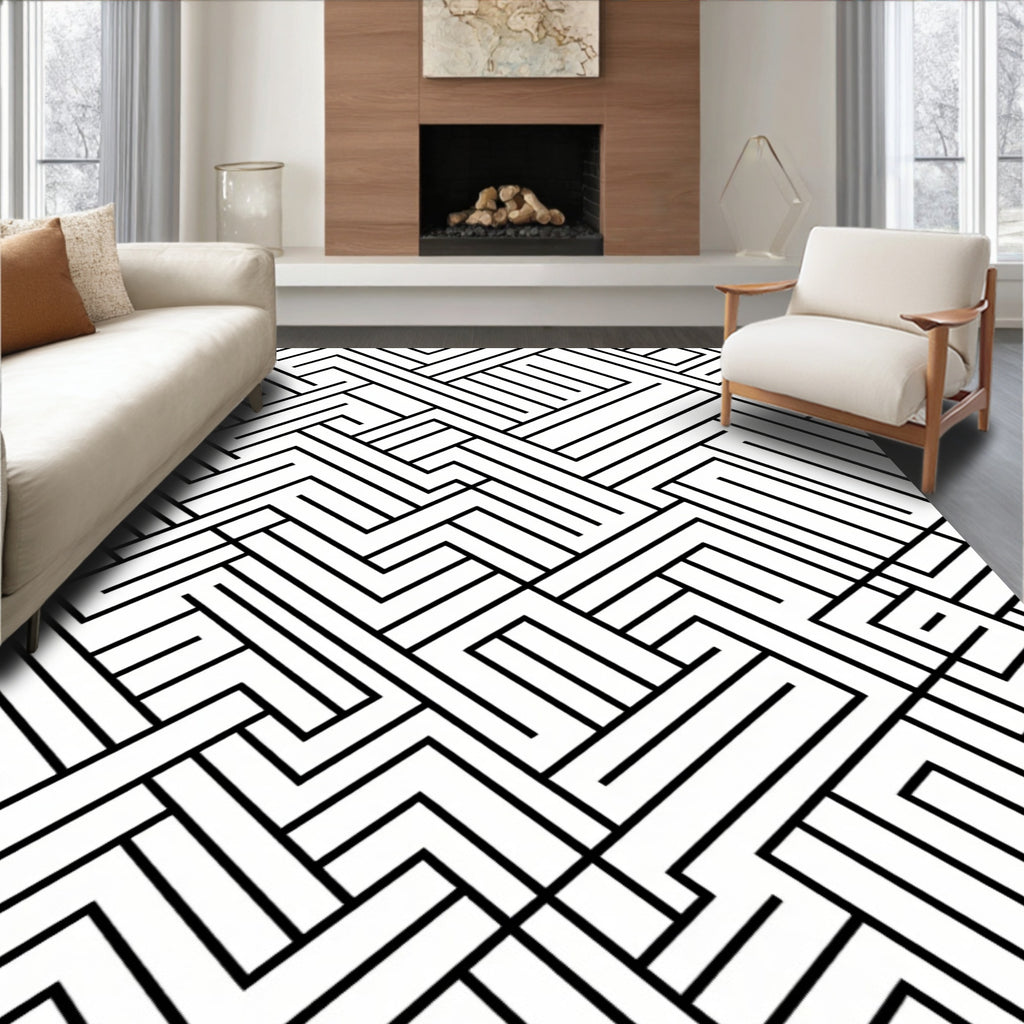 Modern Black White Geometric Lines Rug