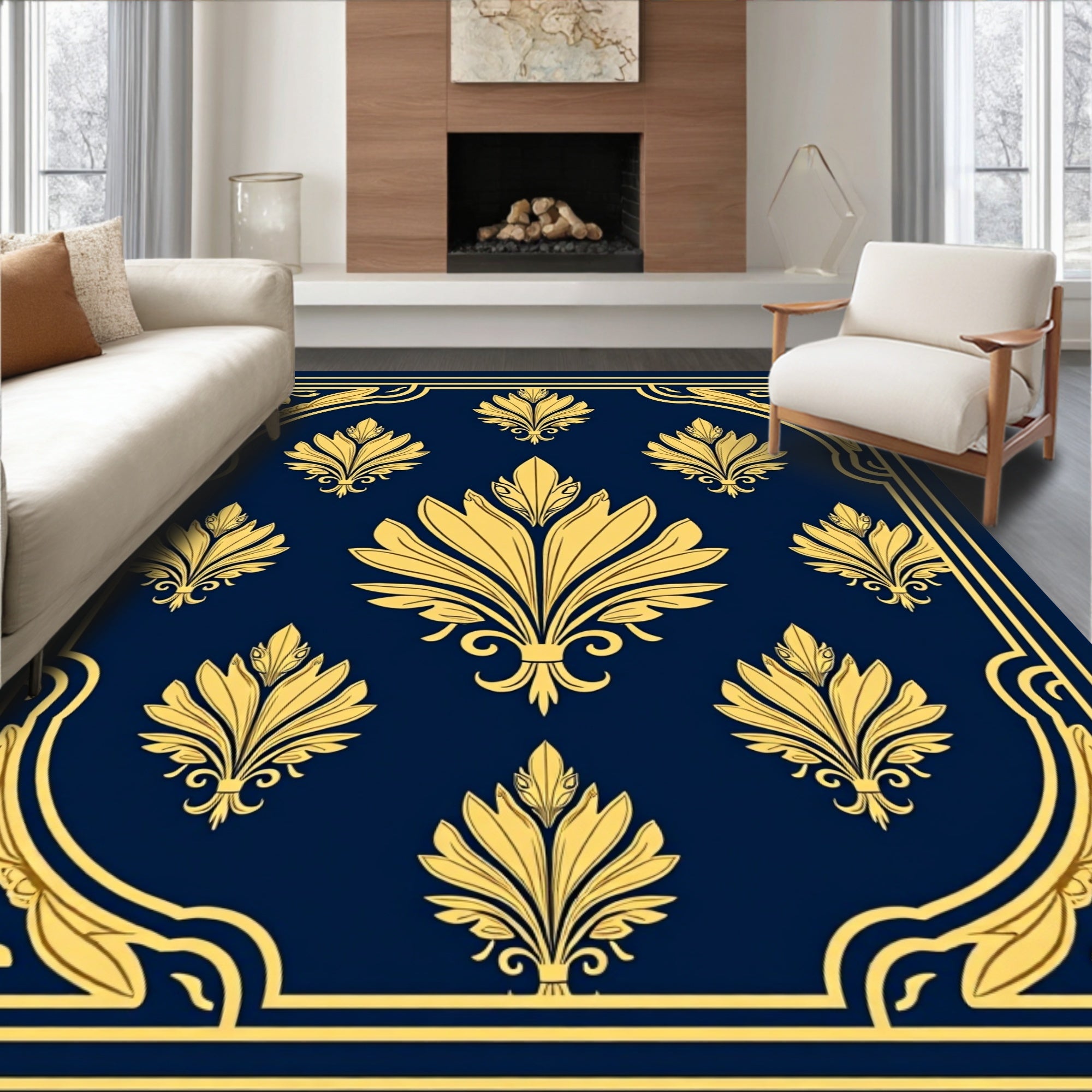 Golden Floral Filigree Indigo Design Rug