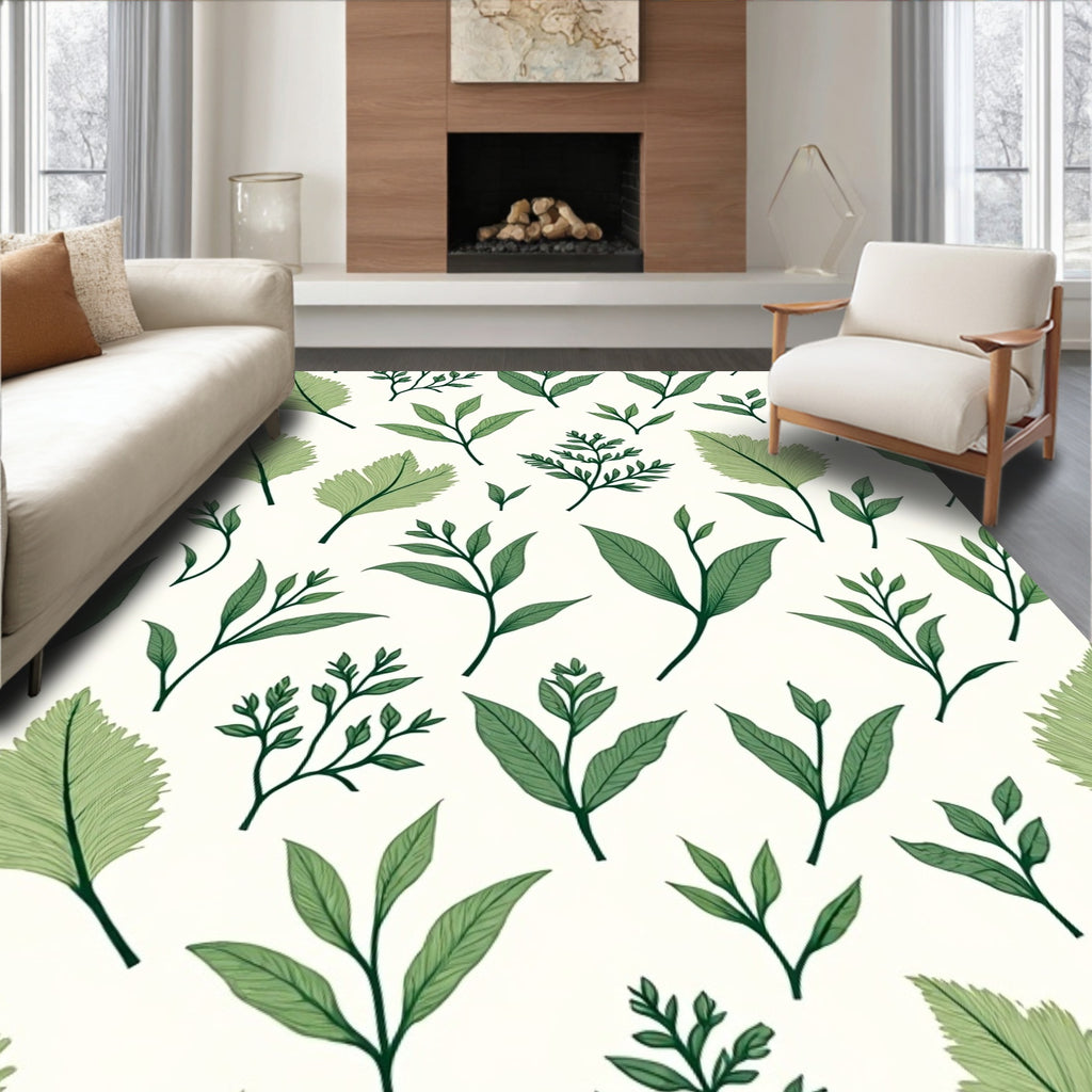 Natural Green Leaf Botanical Pattern Rug