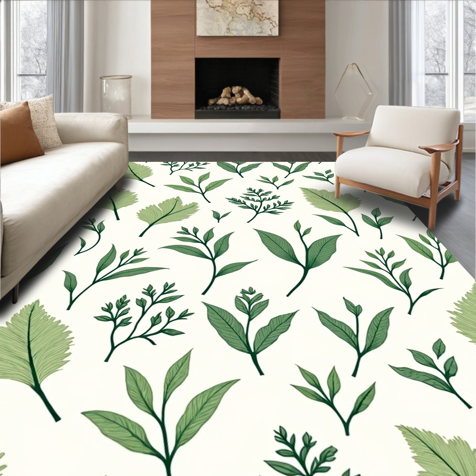 Natural Green Leaf Botanical Pattern Rug
