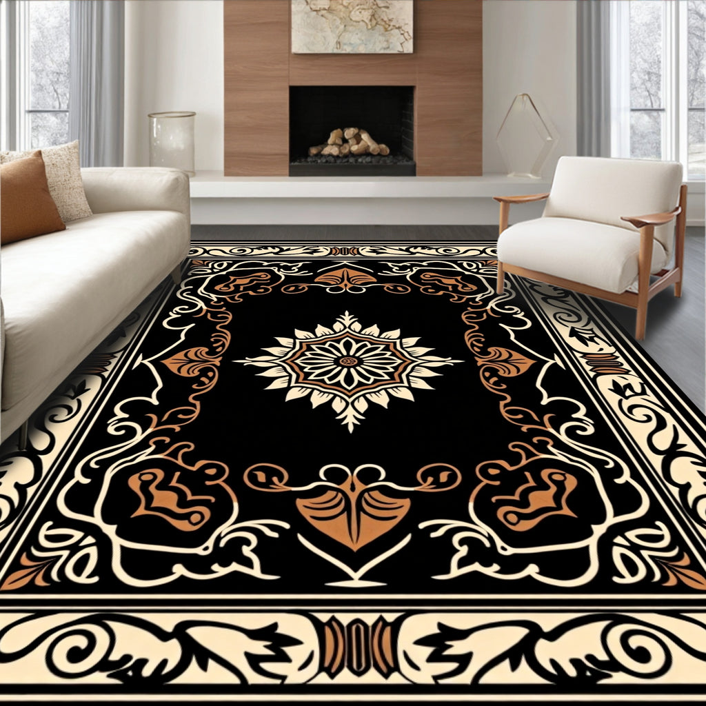 Ornate Floral Medallion Black Cream Rug
