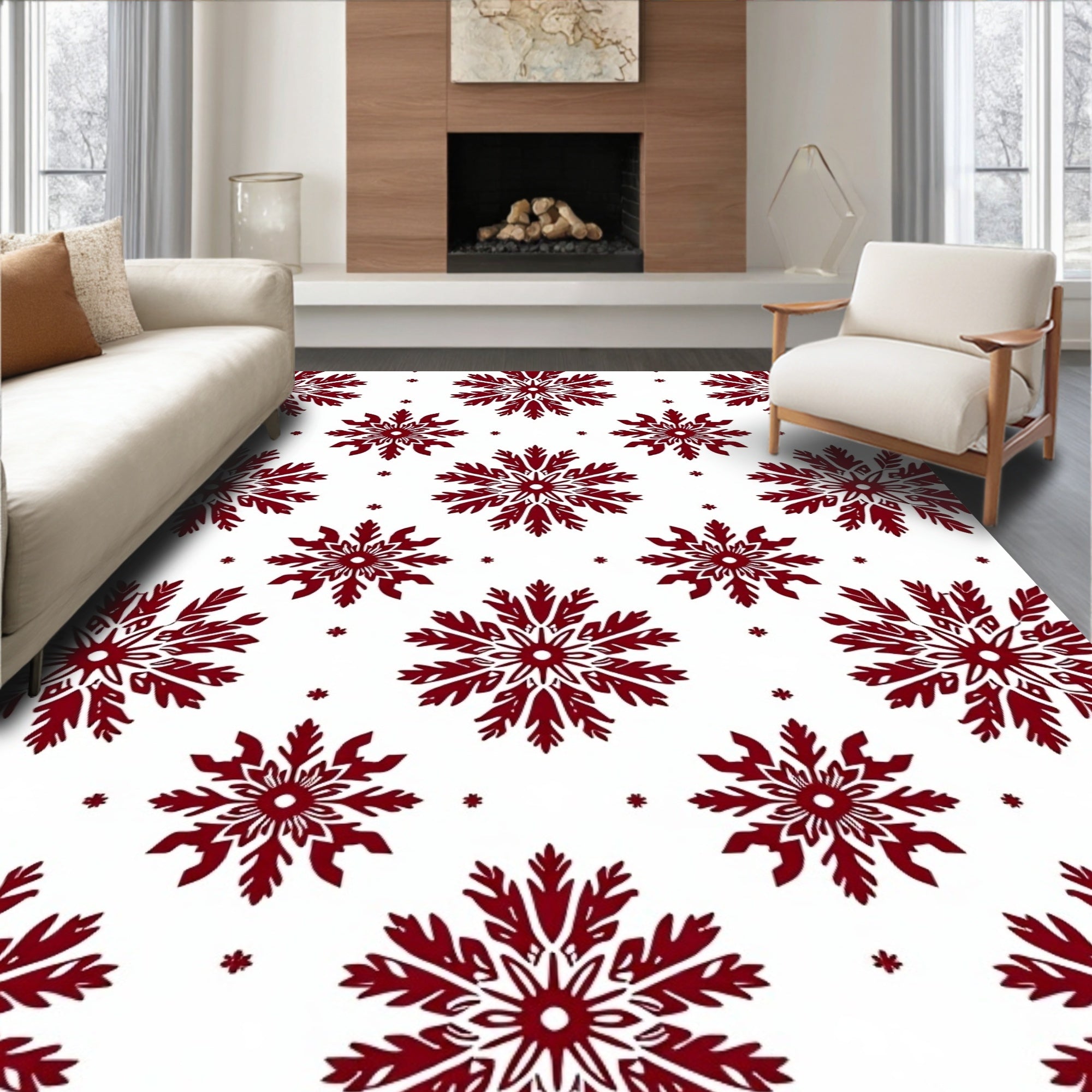 Deep Red Snowflake Imprint Rug