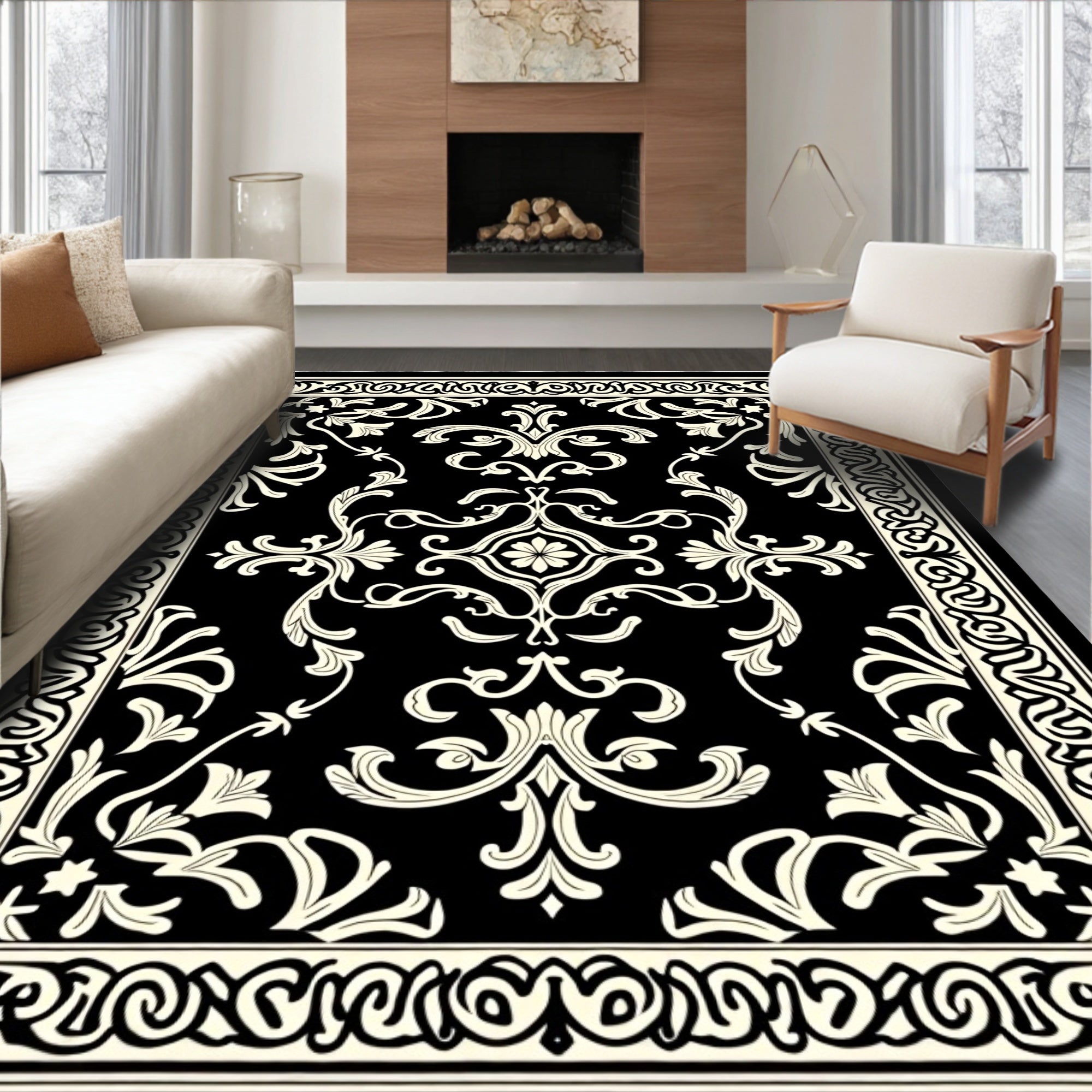 Classic Black Off-White Floral Border Rug