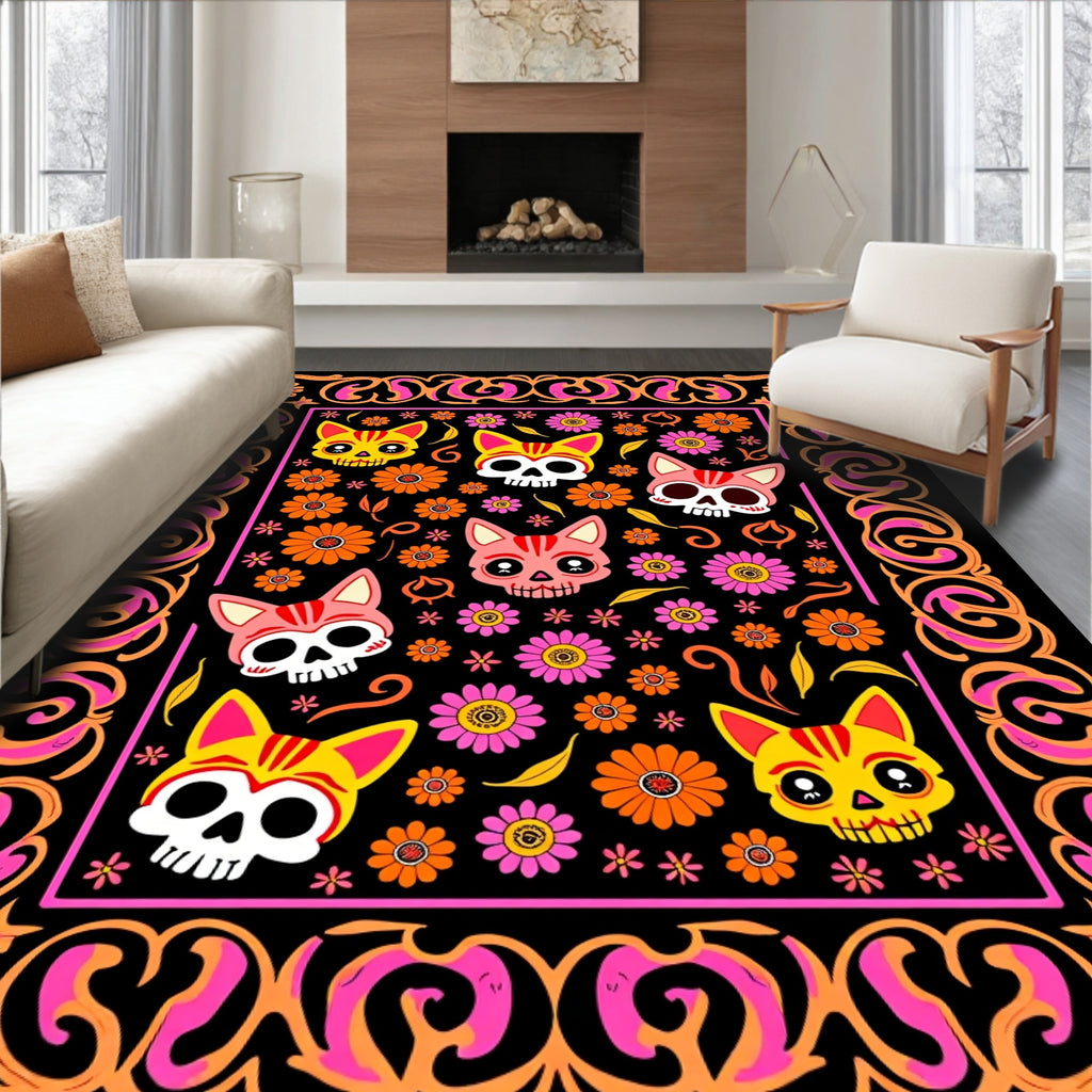 Whimsical Cat Skull Floral Design Rug