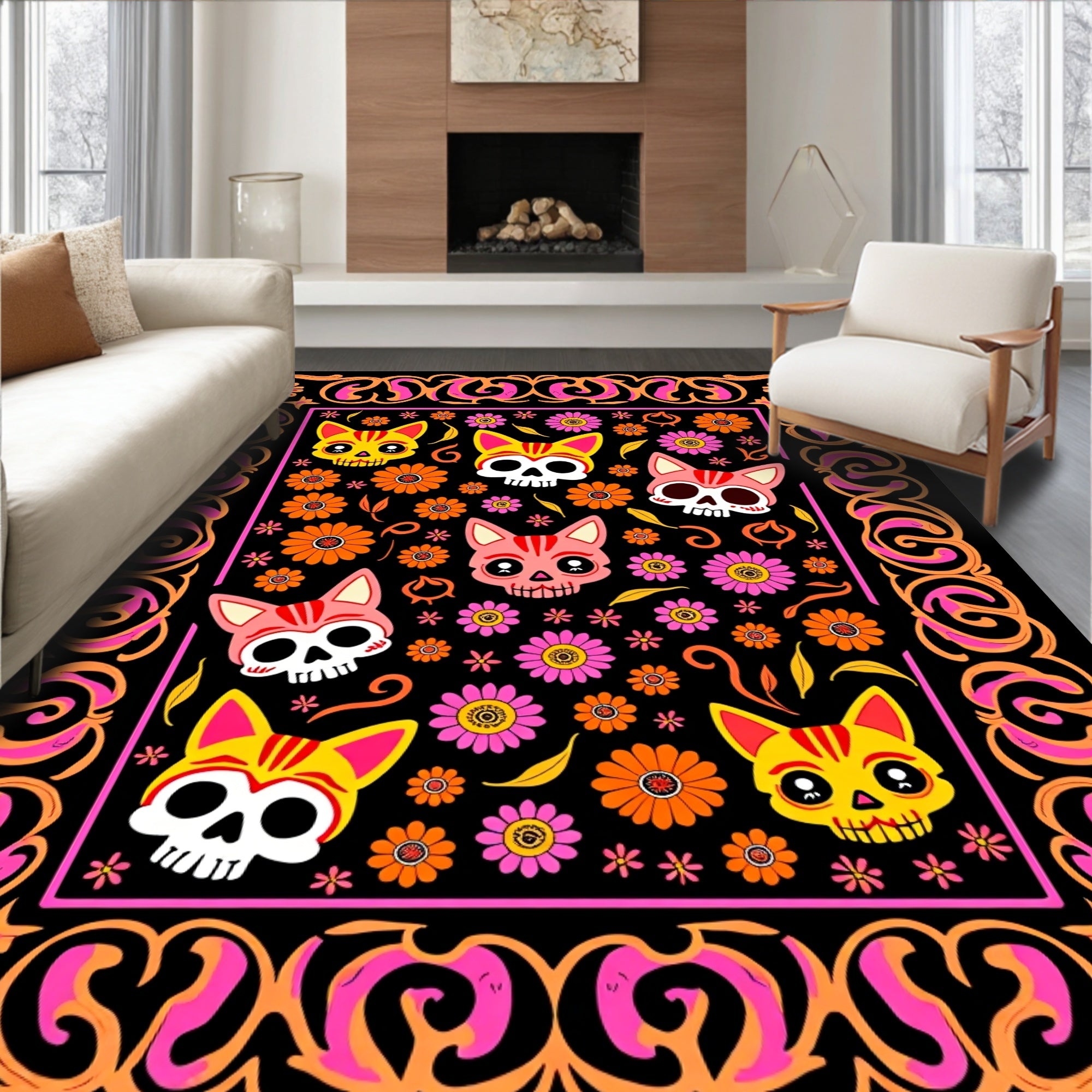 Whimsical Cat Skull Floral Design Rug