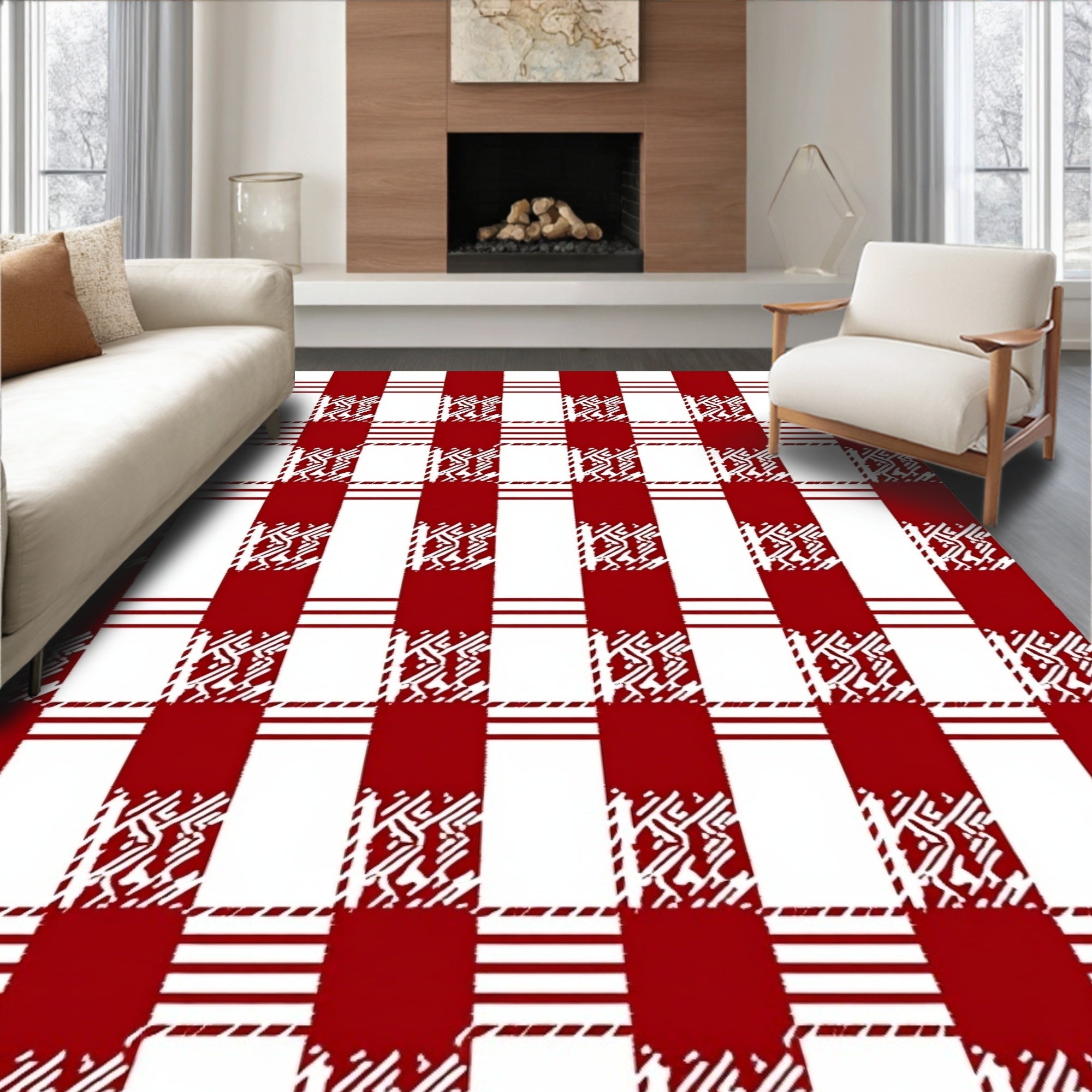 Classic Red White Plaid Pattern Rug
