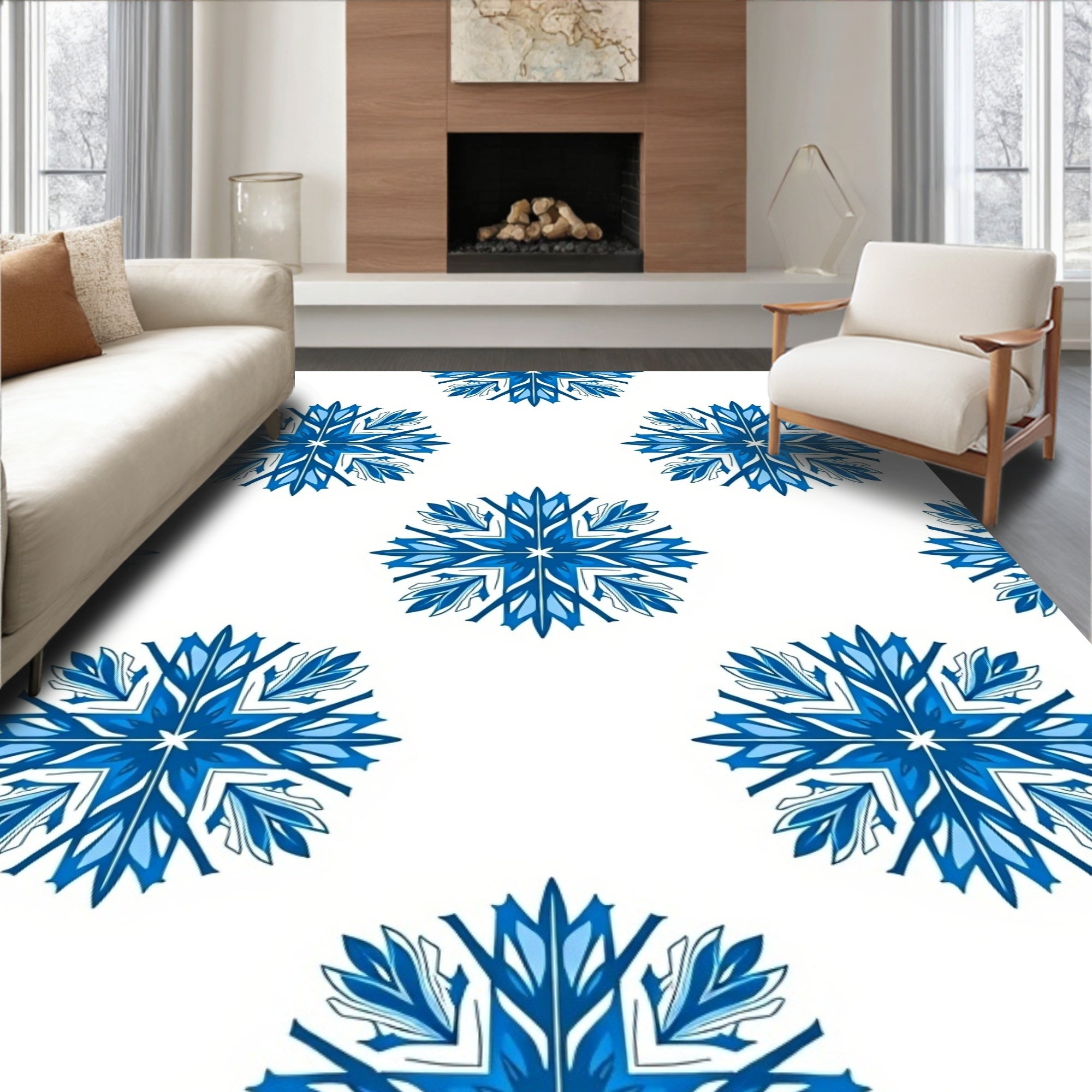 Vibrant Blue Snowflake Mandala Rug