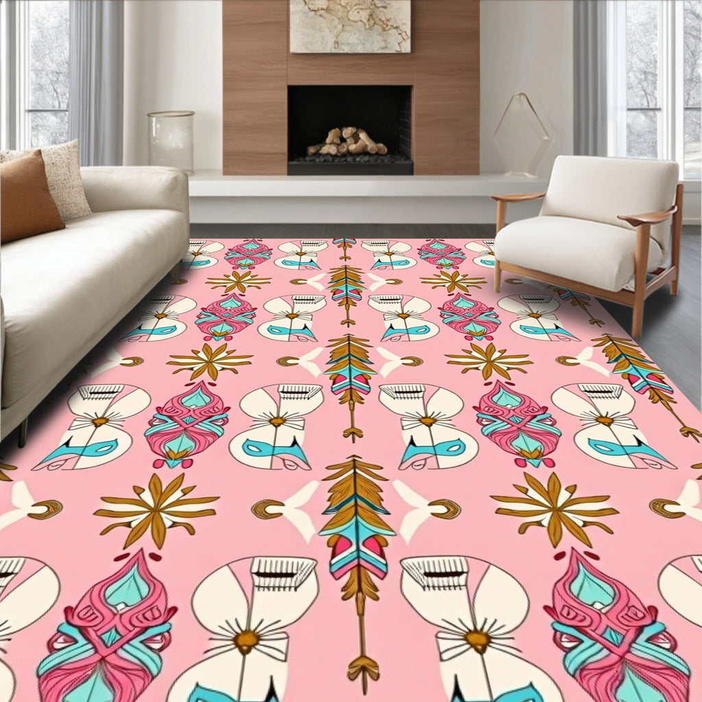 Whimsical Tribal Feather Figure Pattern Rug