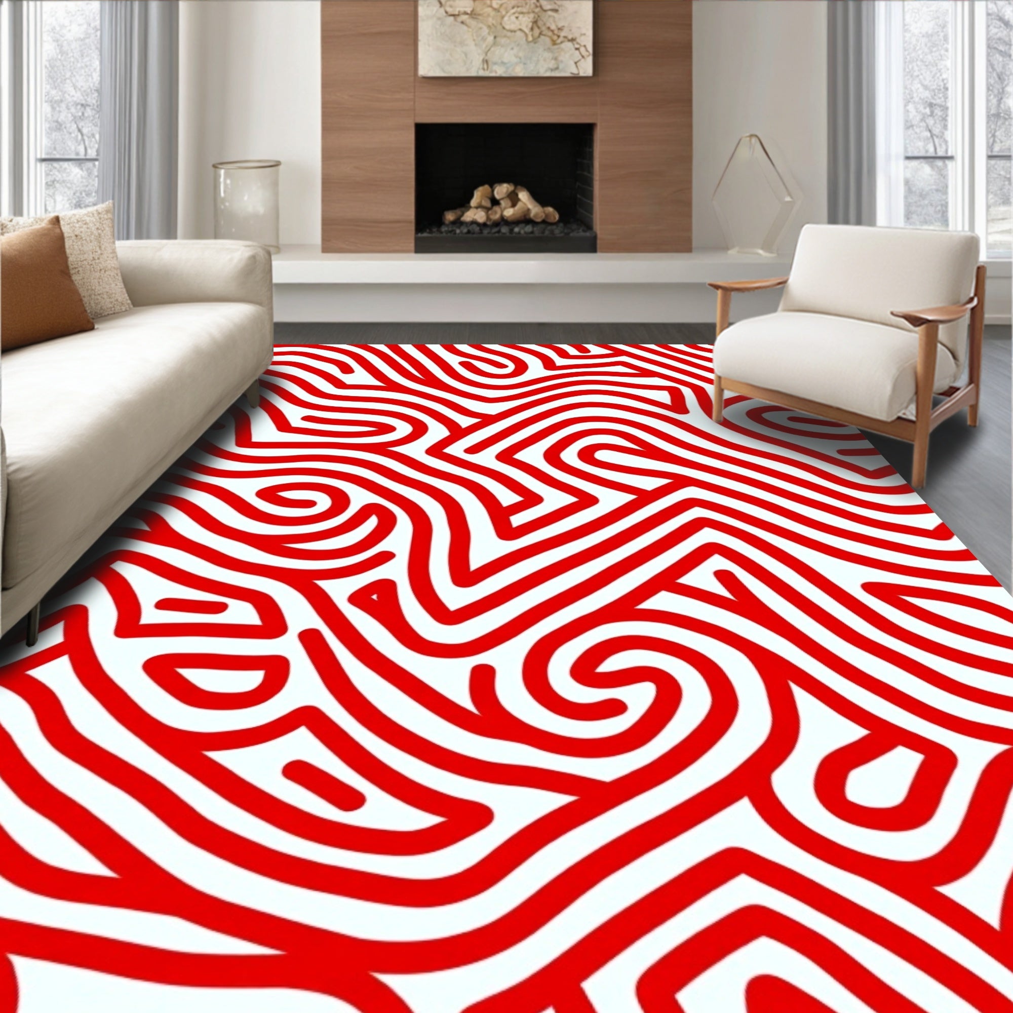 Bold Red Abstract Maze Pattern Rug