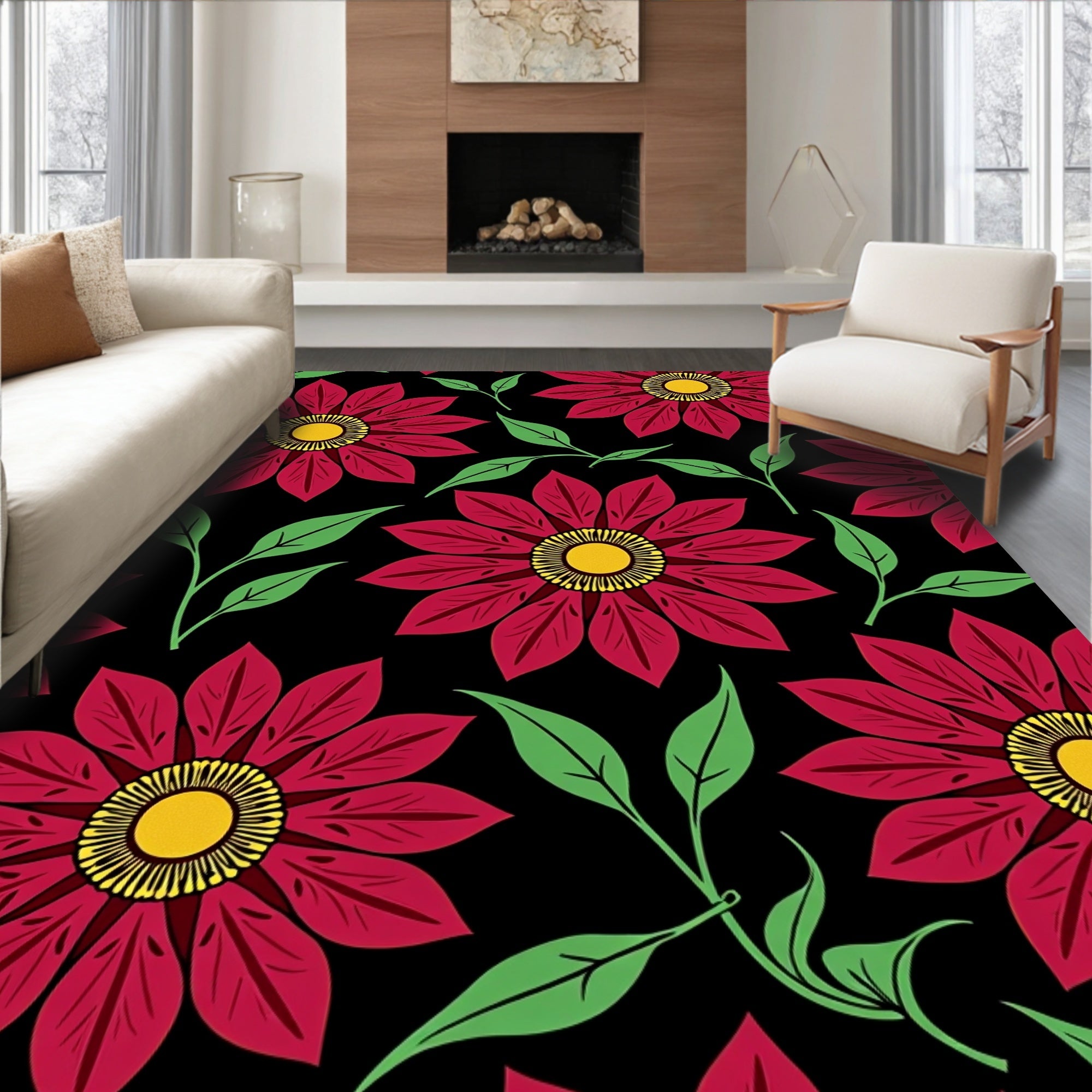 Bold Red Floral Pattern Design Rug