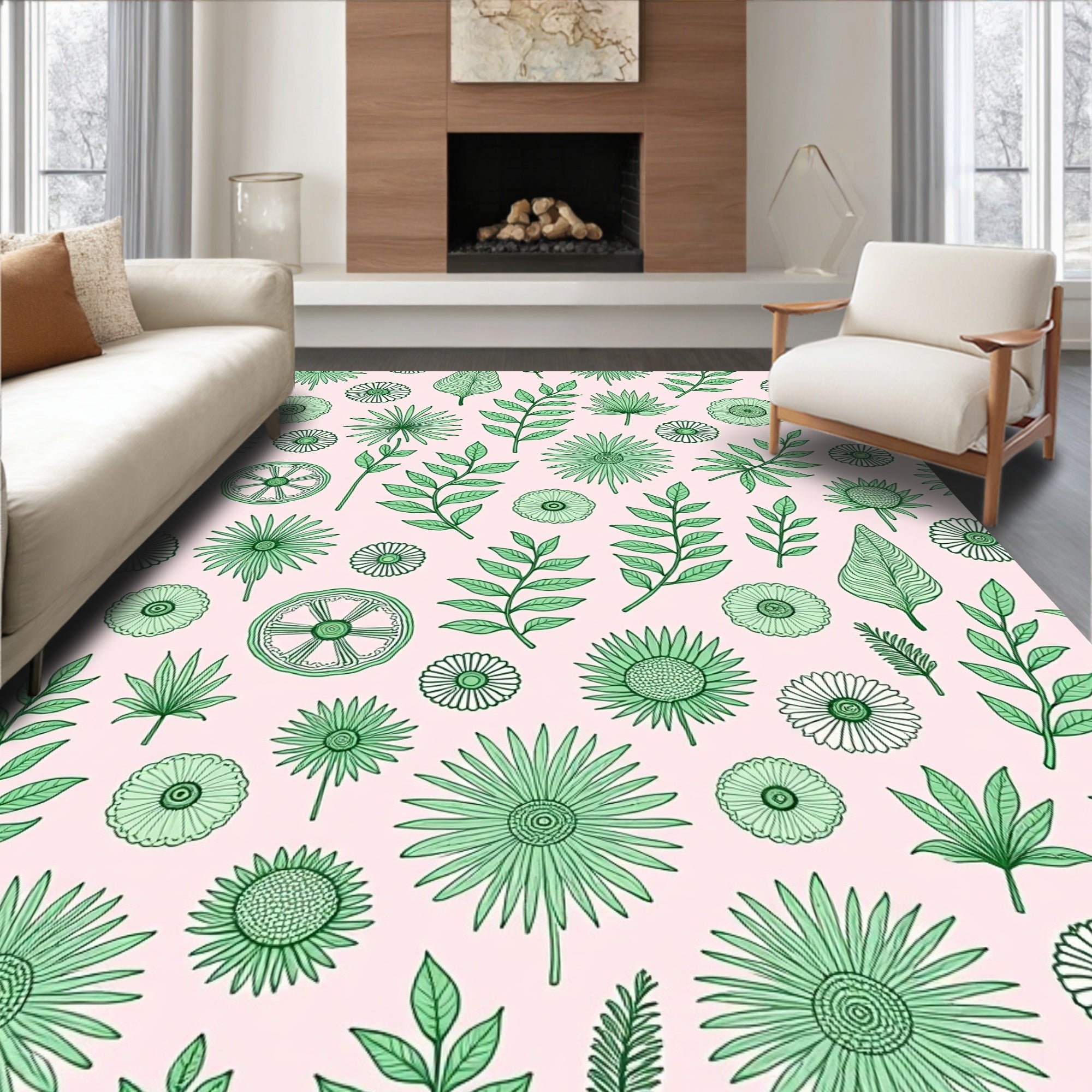 Green Floral Botanical Pattern Rug