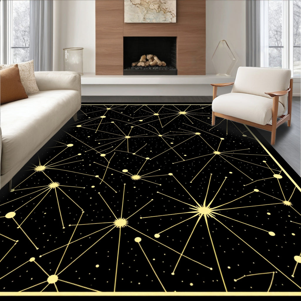 Golden Starburst Pattern Black Rug