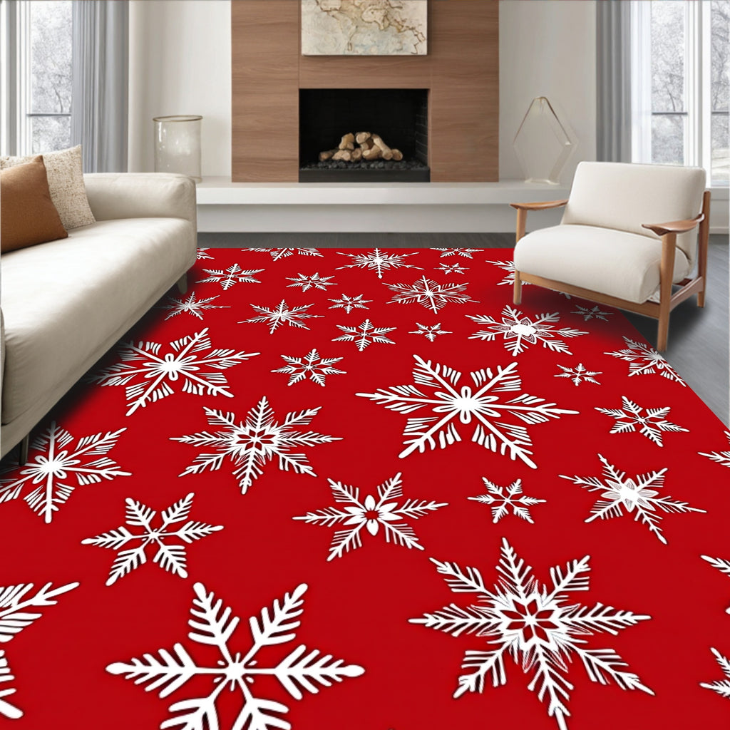 White Snowflake Patterned Red Rug