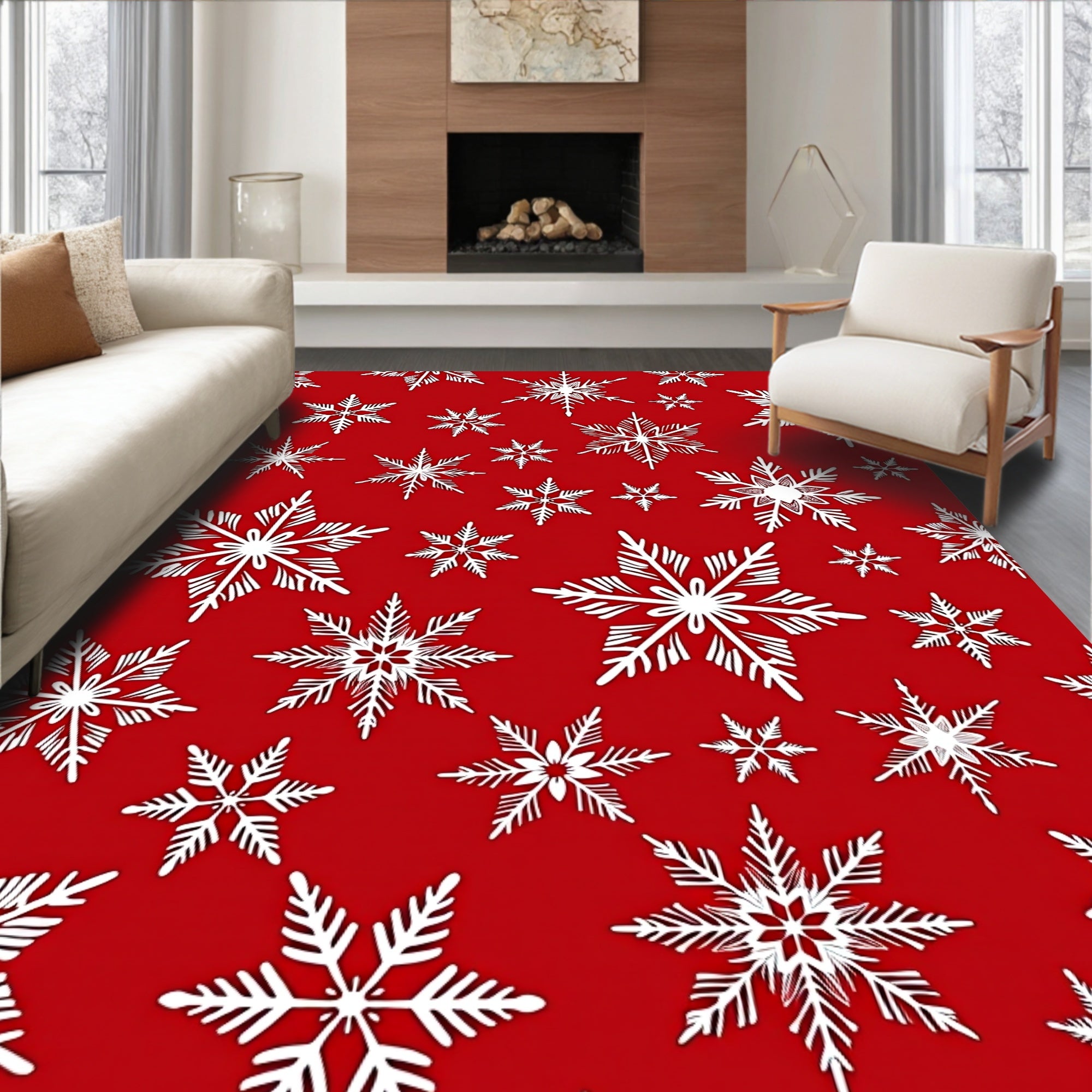 White Snowflake Patterned Red Rug