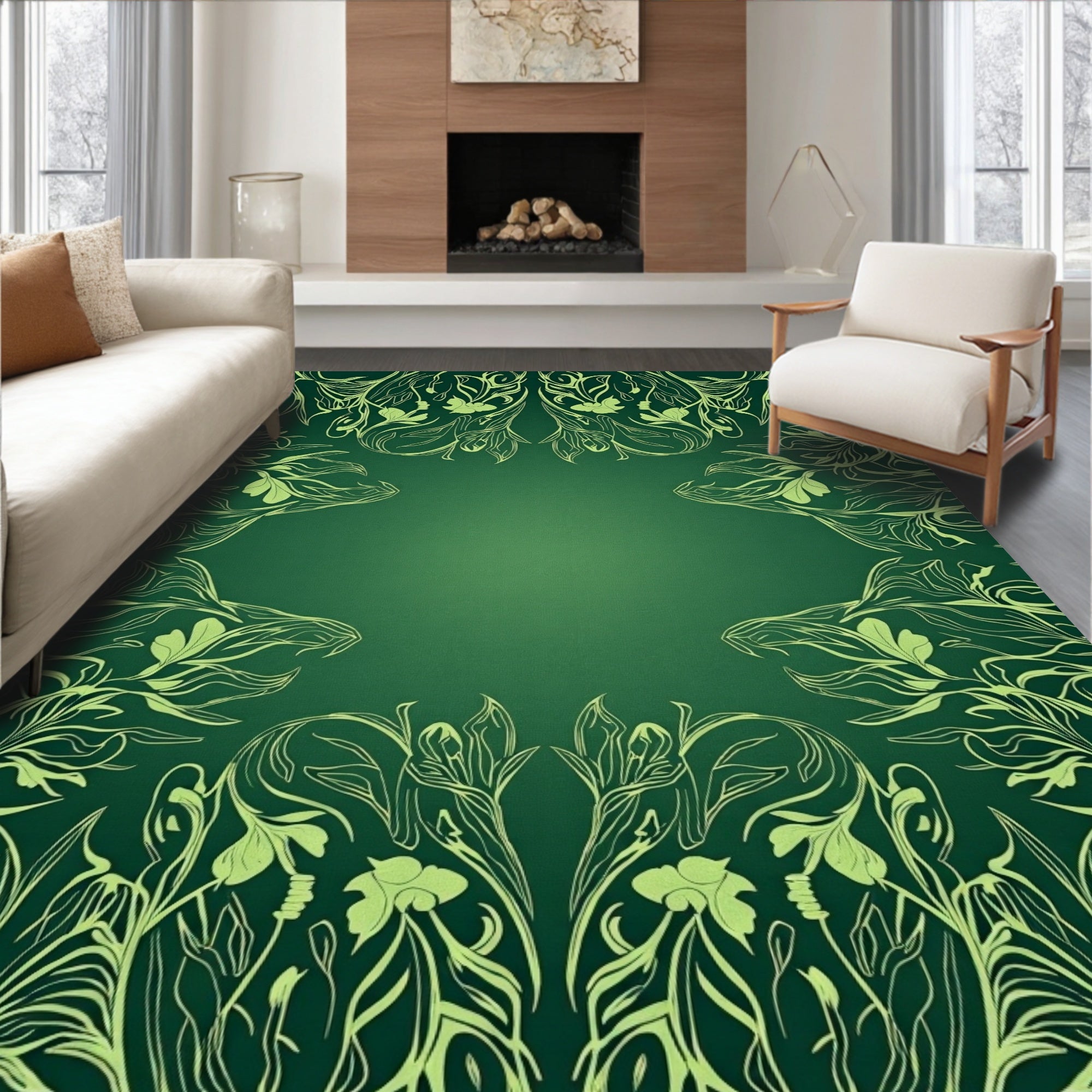 Elegant Emerald Floral Symmetry Rug