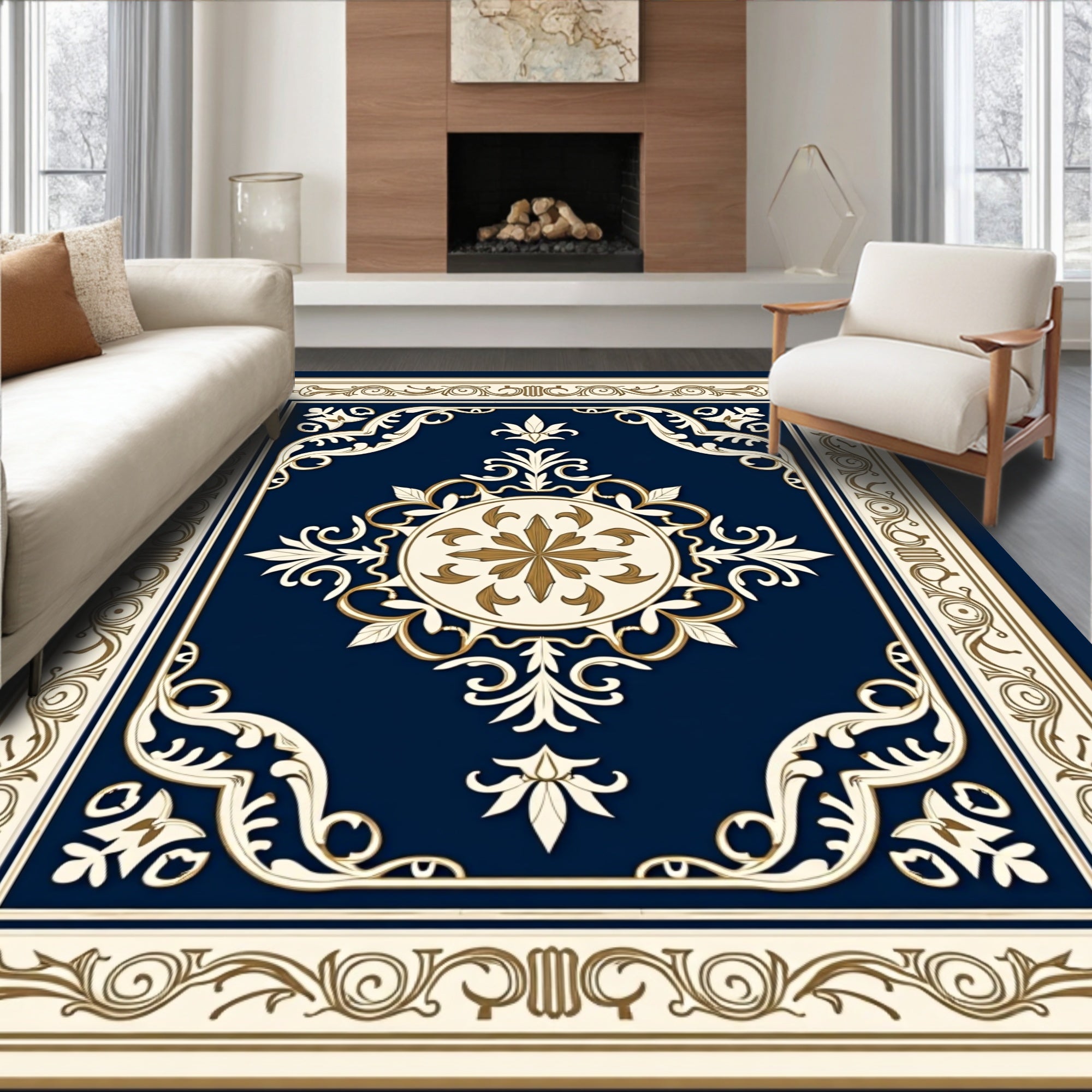 Ornate Blue Gold Floral Medallion Rug