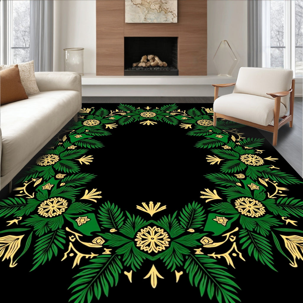 Emerald Green Gold Floral Wreath Rug