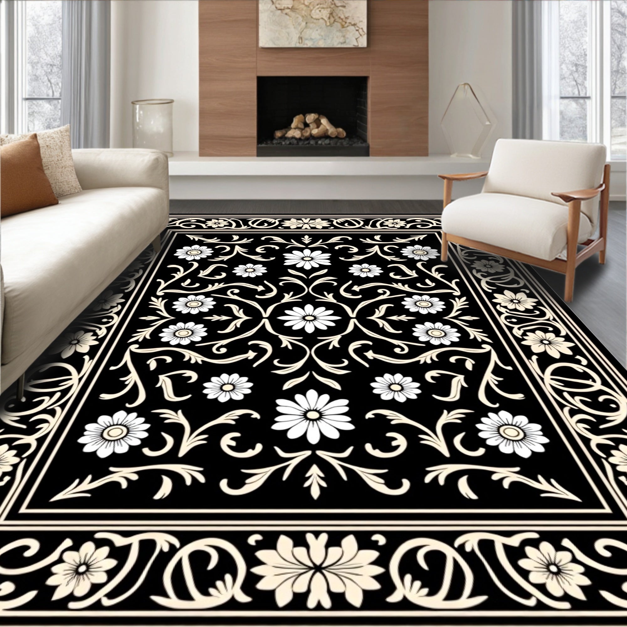 Classic Floral Scrollwork Black Cream Rug