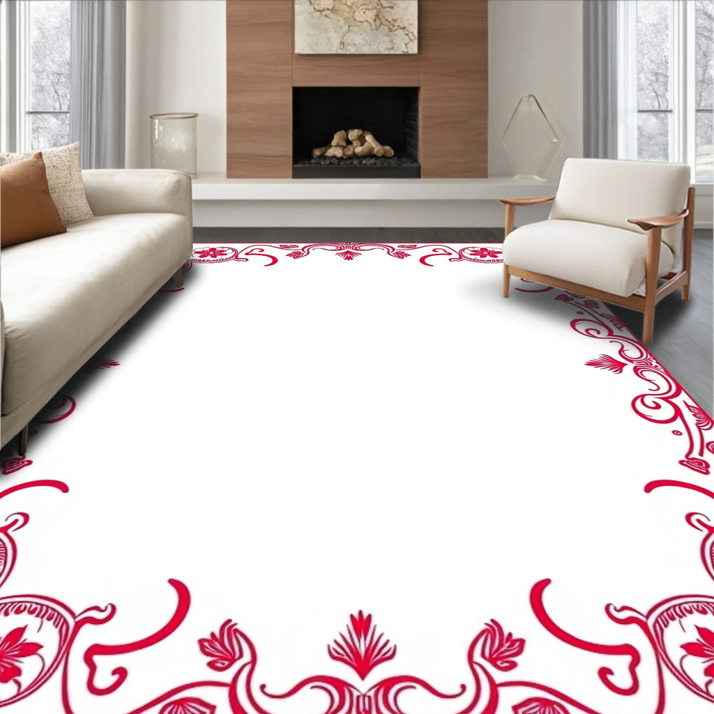 Ornate Red Floral Border Design Rug