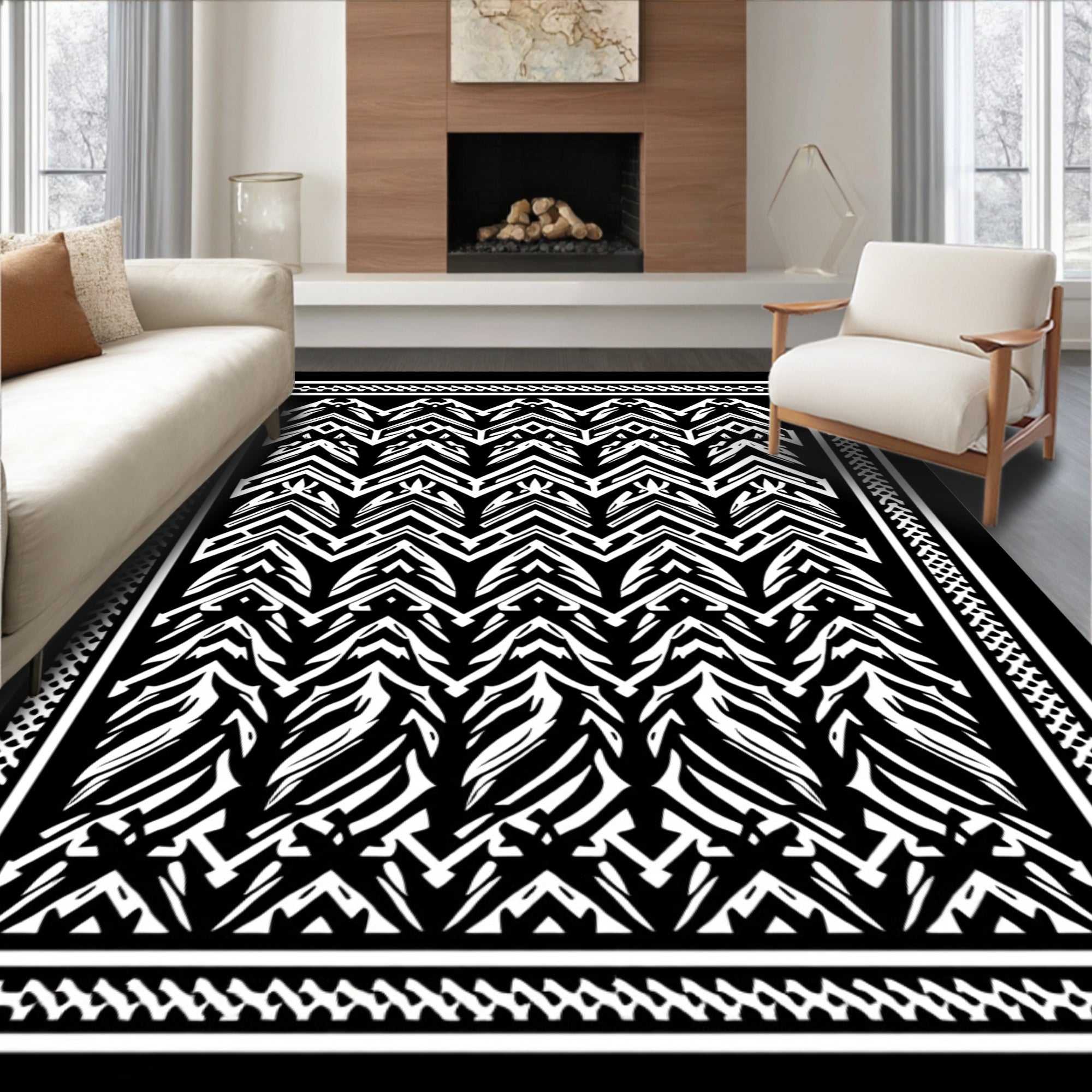 Bold Black White Geometric Stripe Pattern Rug
