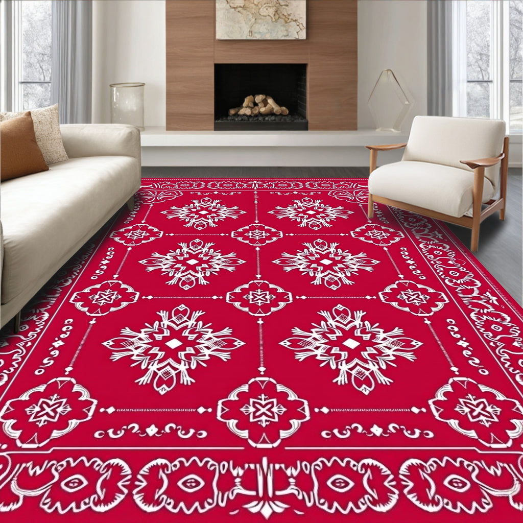 Bold Red White Medallion Pattern Rug