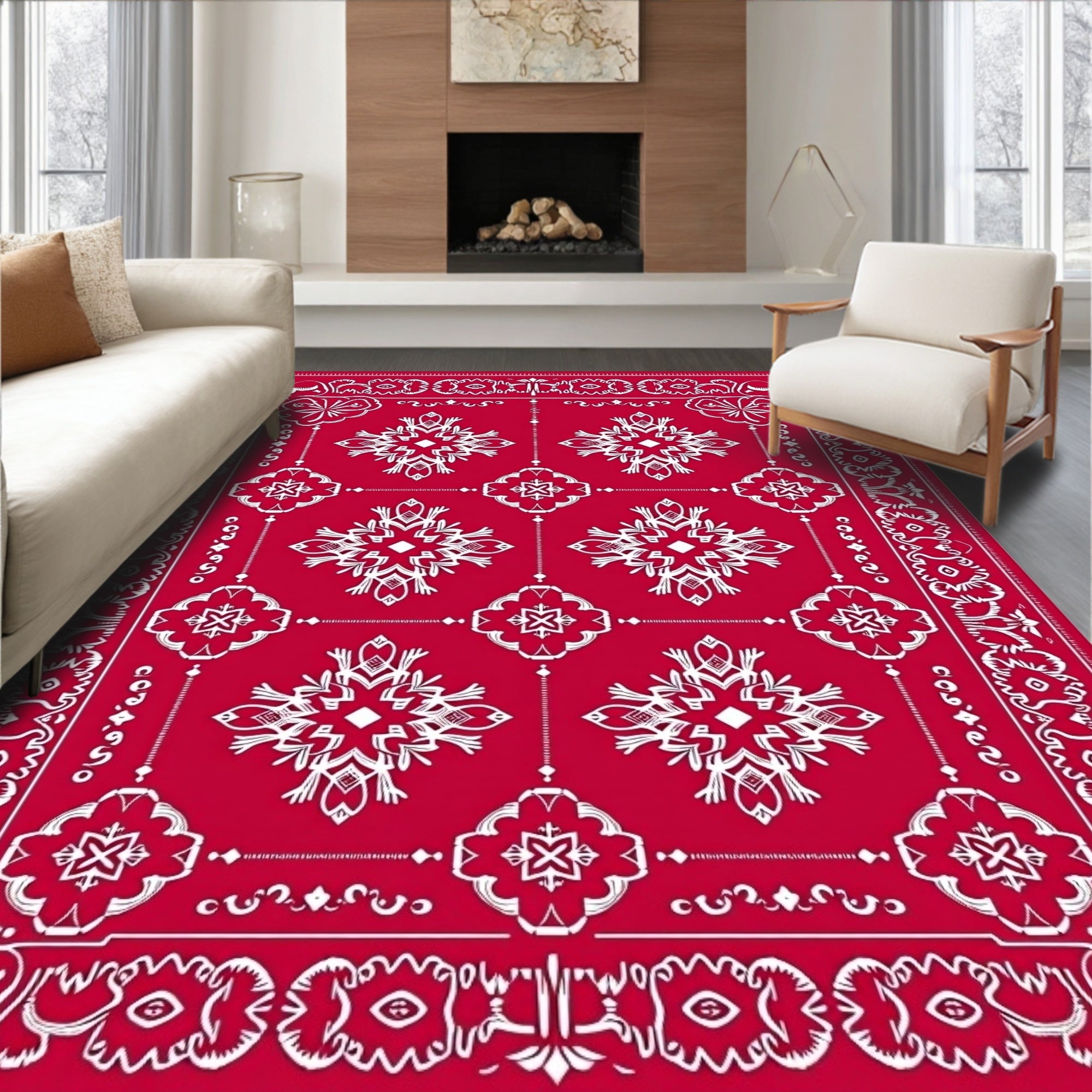 Bold Red White Medallion Pattern Rug