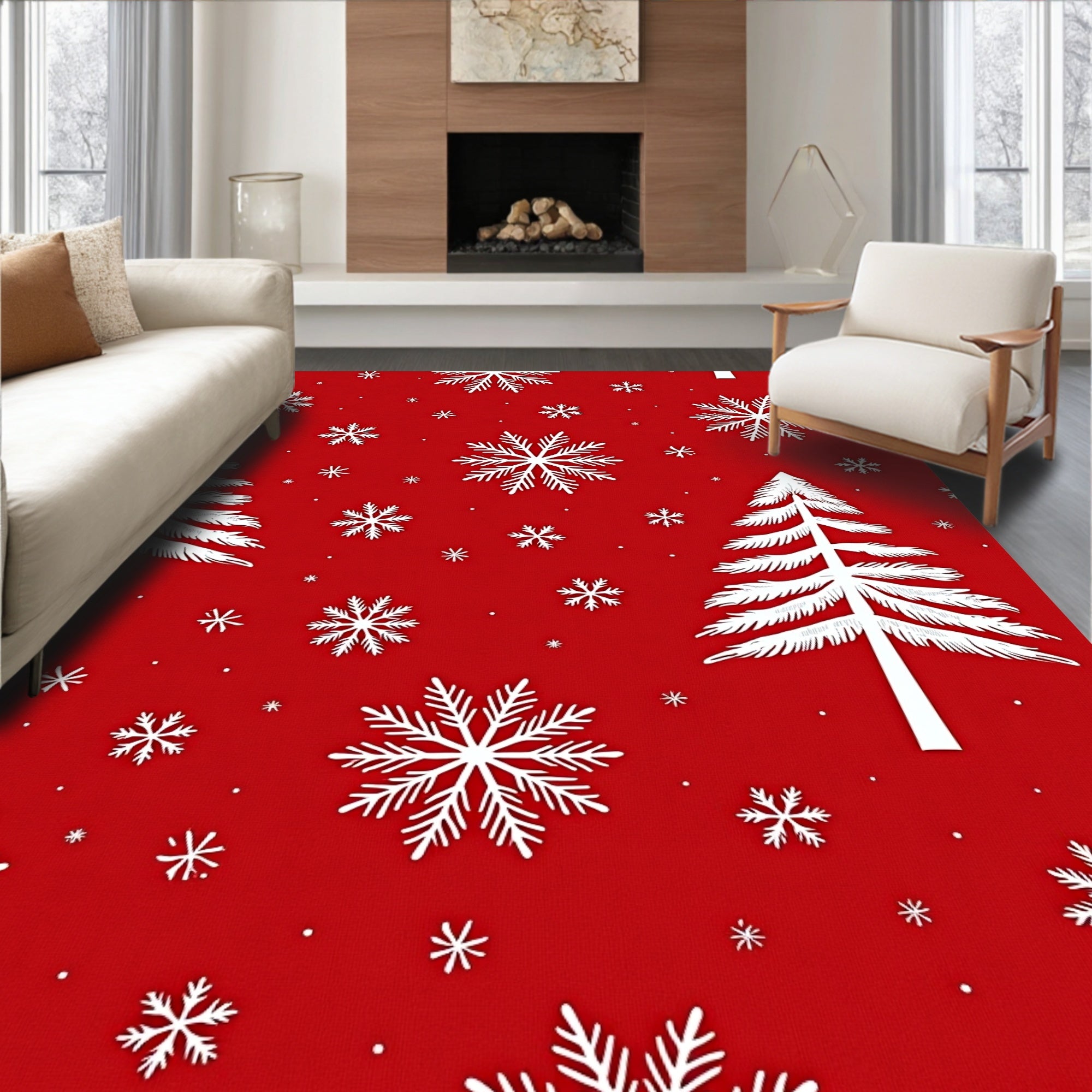 White Snowflake Tree Pattern Rug