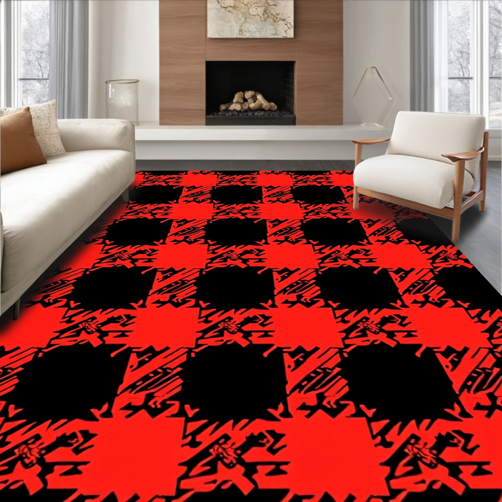 Bold Red Tartan Graphic Pattern Rug