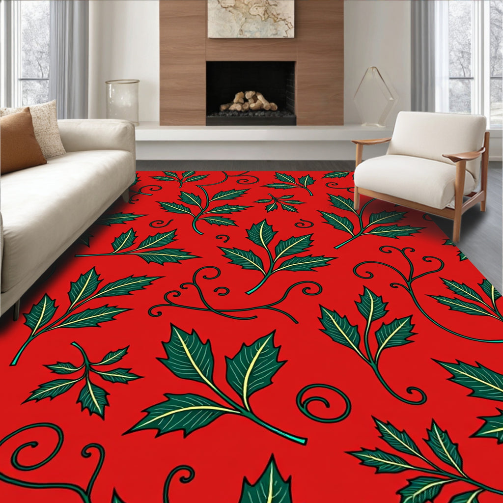 Vibrant Red Green Leaf Swirl Pattern Rug