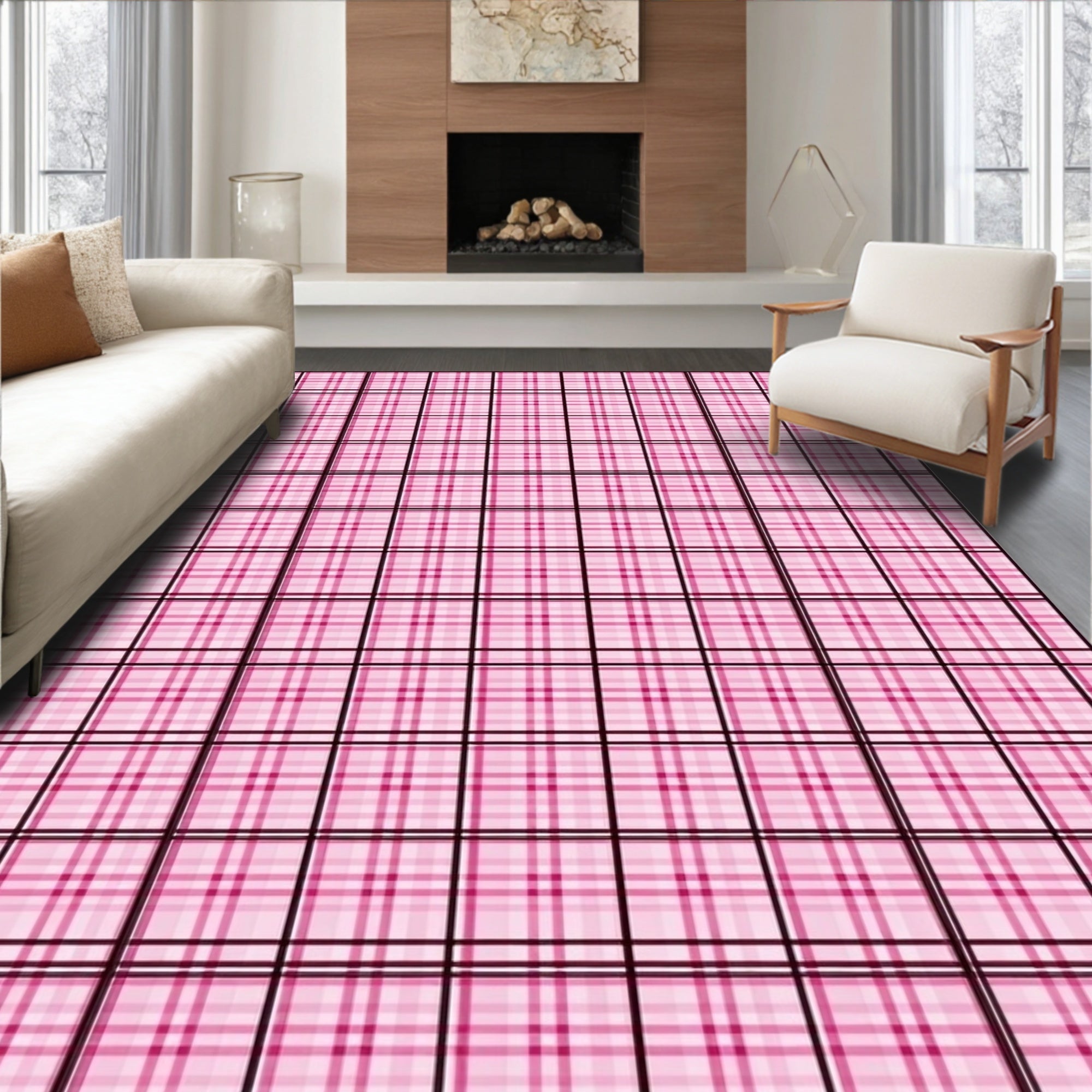 Pink Checkered Grid Pattern Rug
