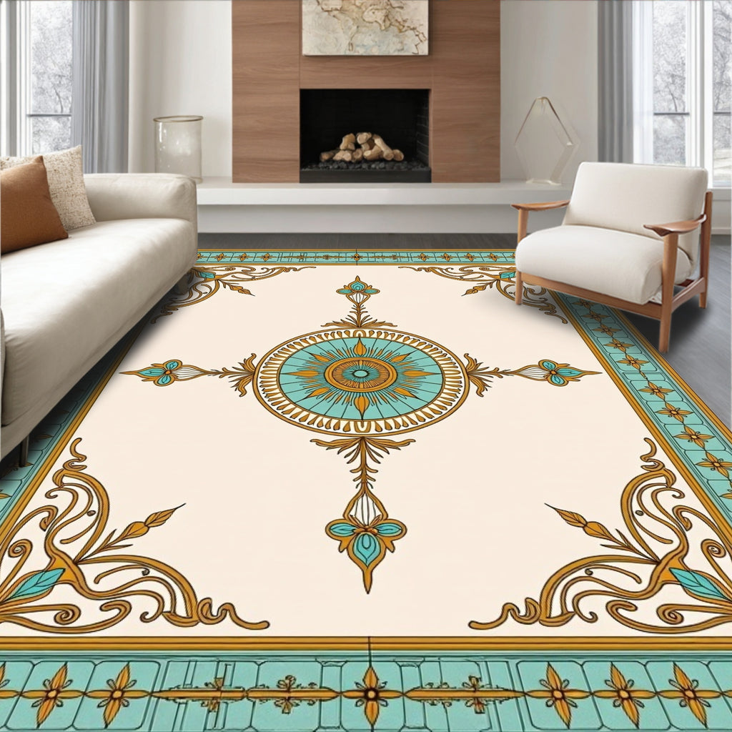 Ornate Teal Gold Floral Medallion Rug