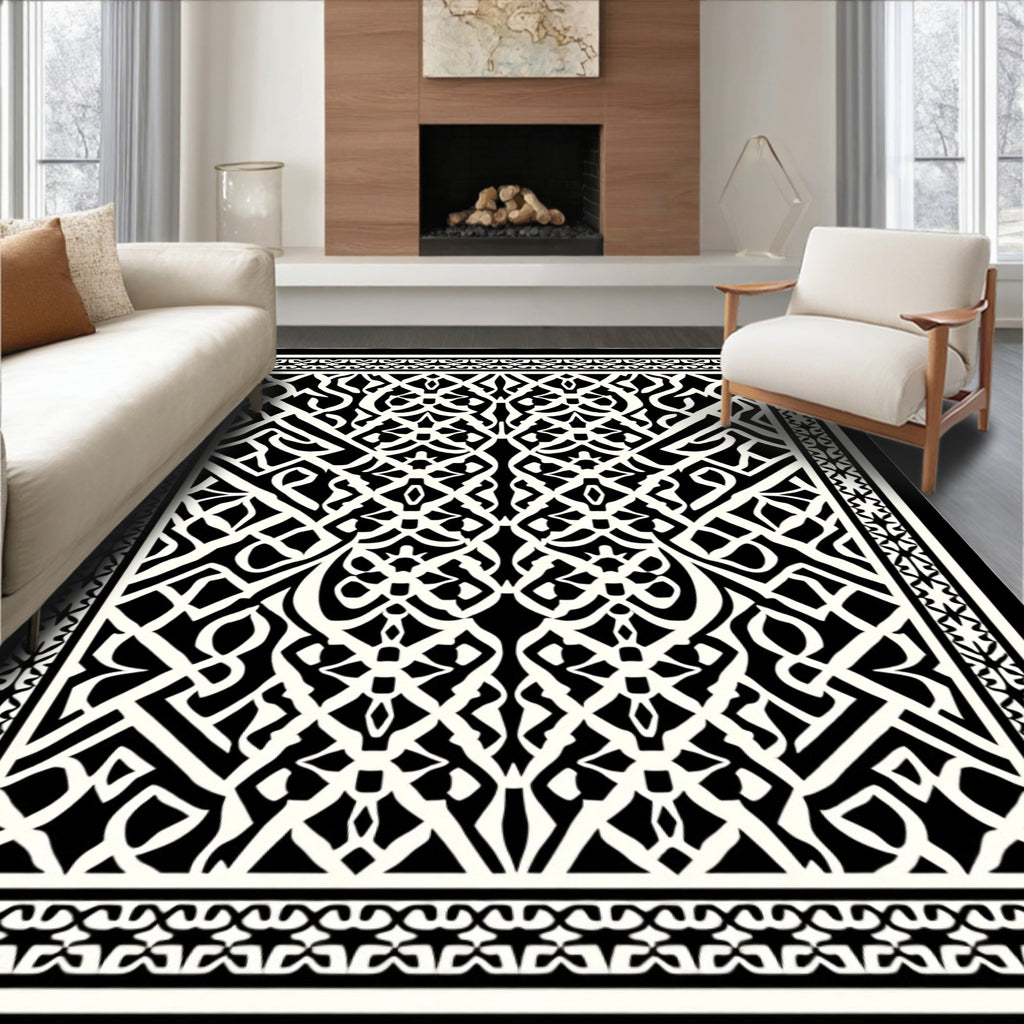 Intricate Black White Geometric Design Rug