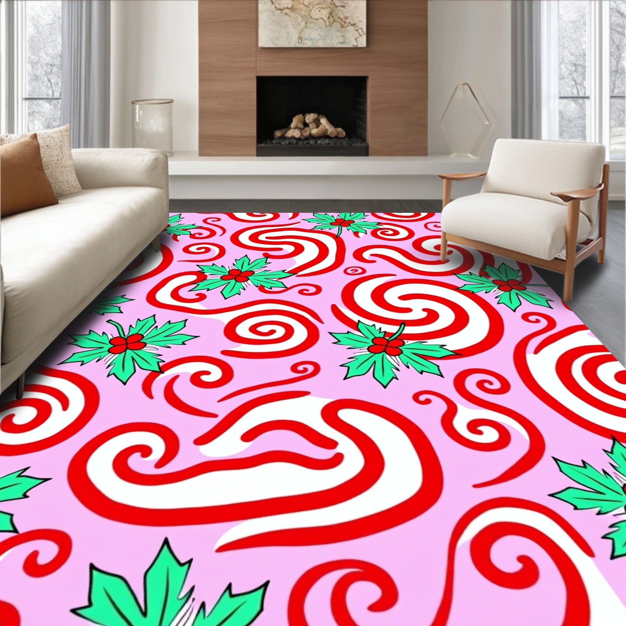 Whimsical Holly Swirl Pattern Rug