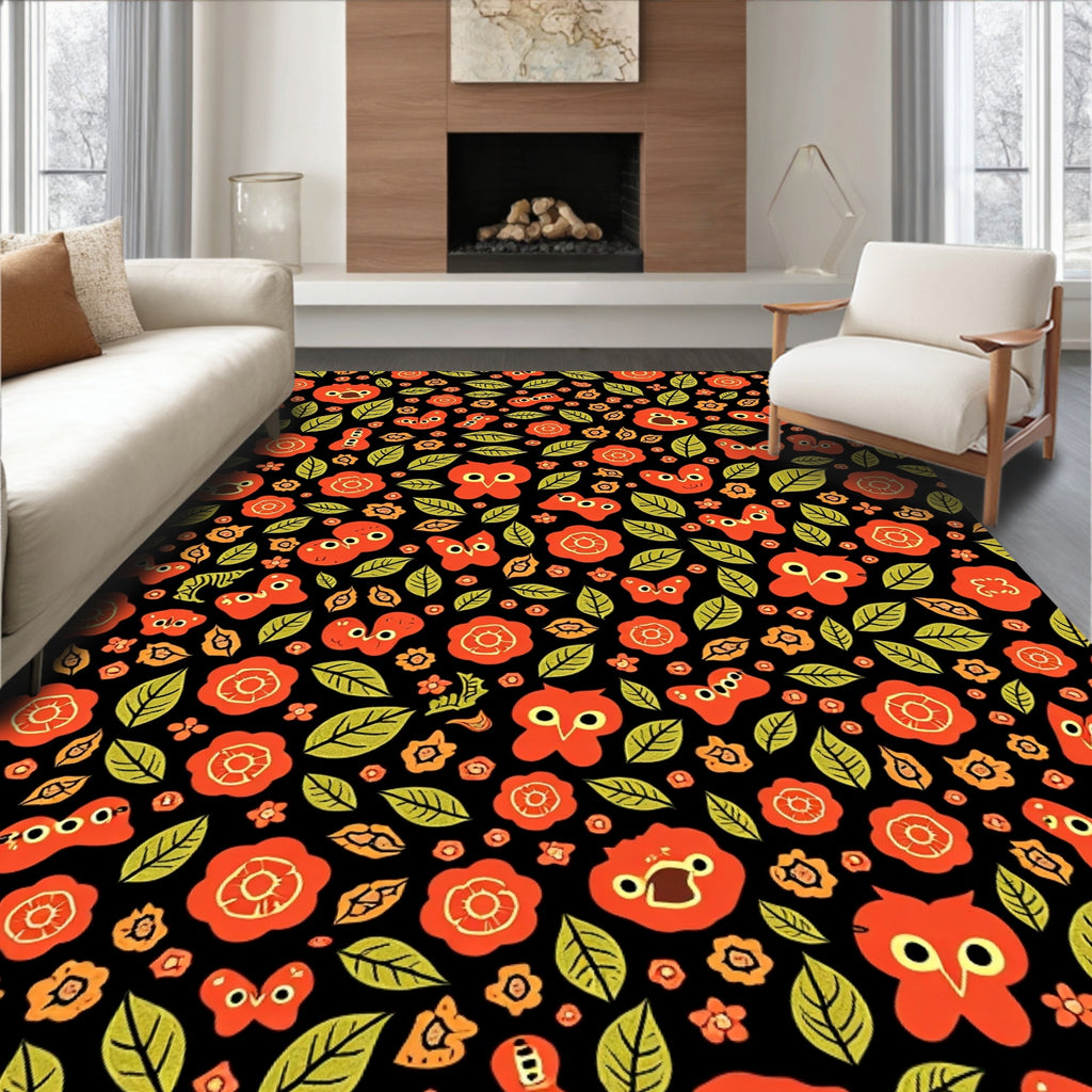 Whimsical Owl Butterfly Folk Art Rug