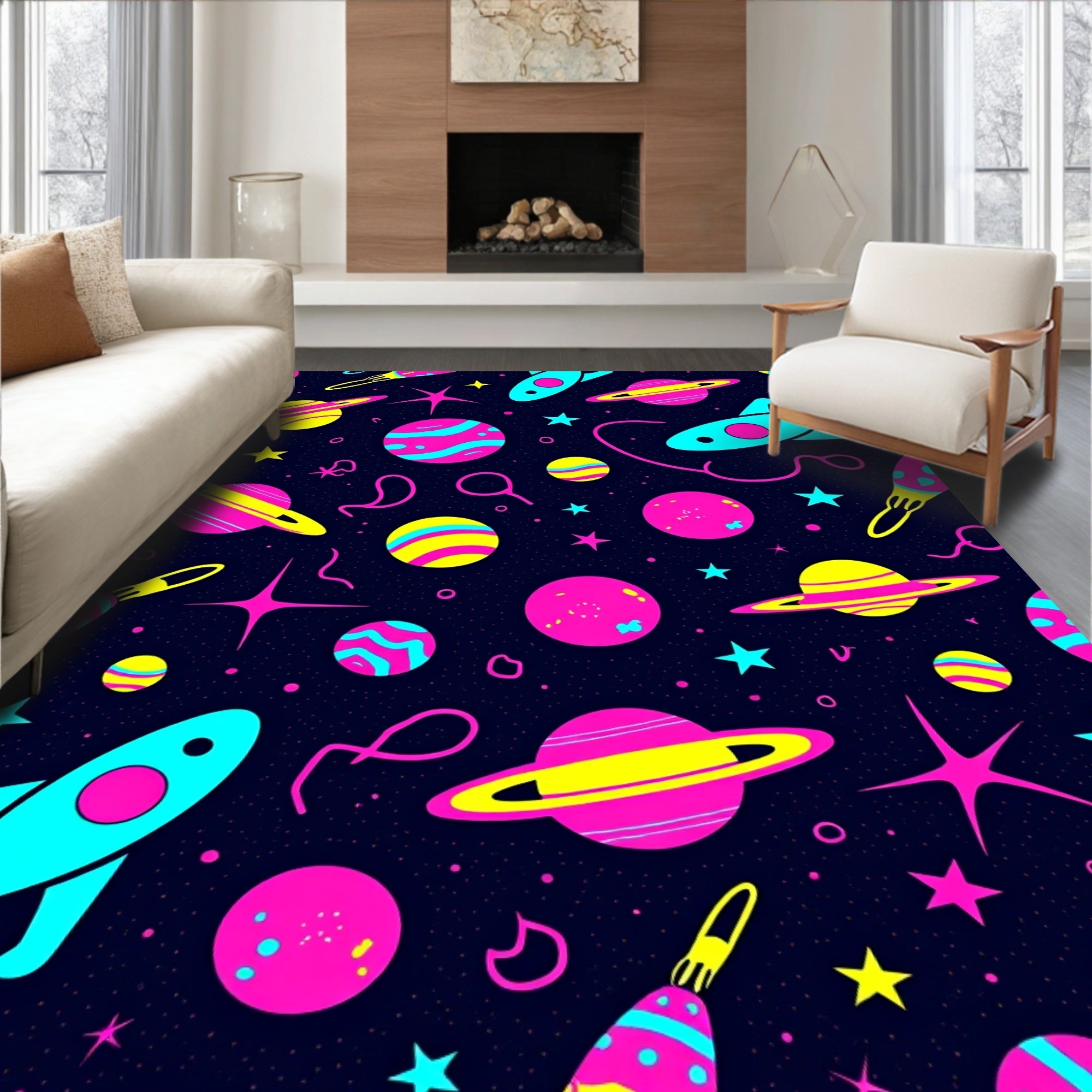 Retro Space Rocket Planets Neon Rug