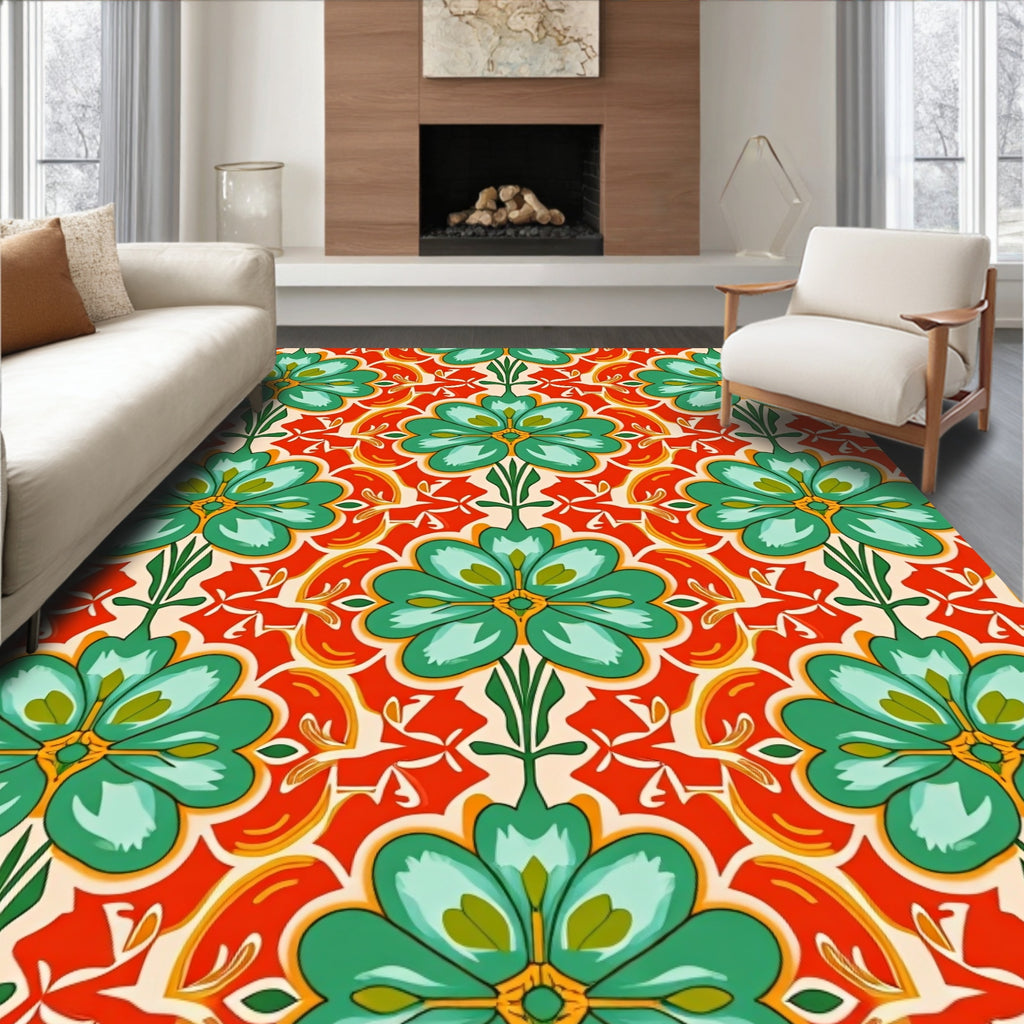 Emerald Green Floral Motif Pattern Rug