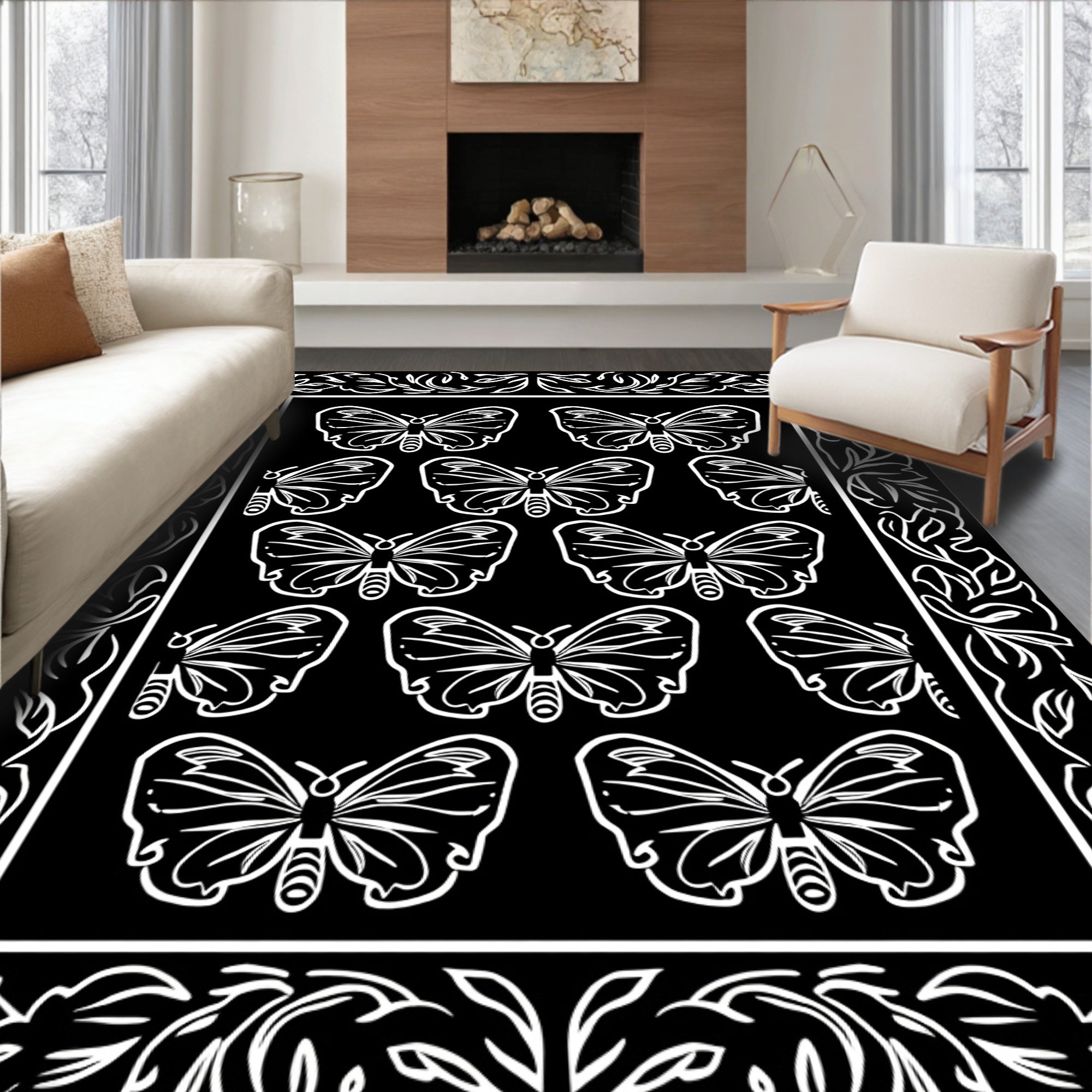 Black White Butterfly Motif Pattern Rug