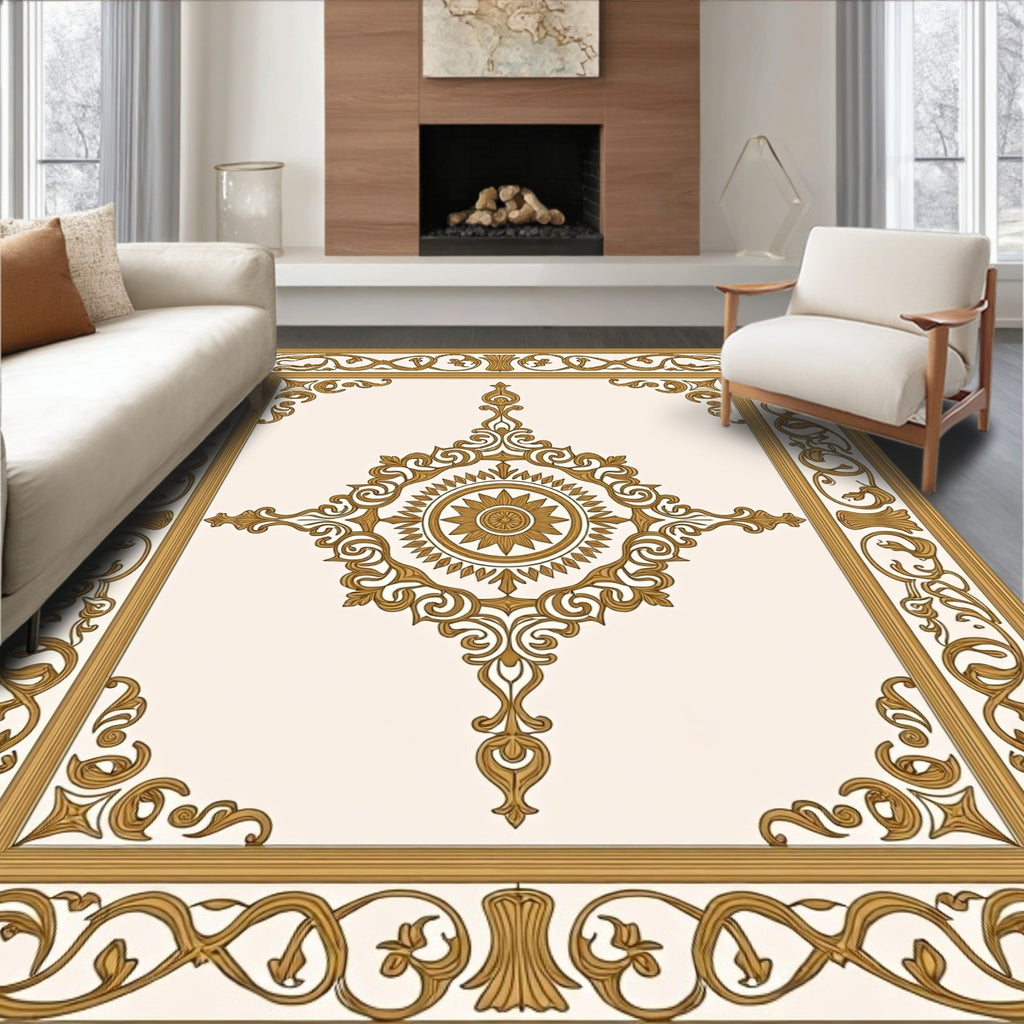 Golden Baroque Scroll Medallion Rug