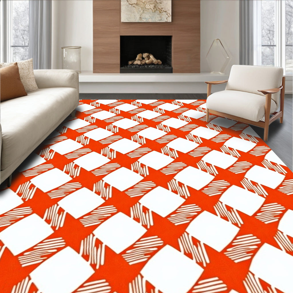 Orange White Diagonal Gingham Design Rug