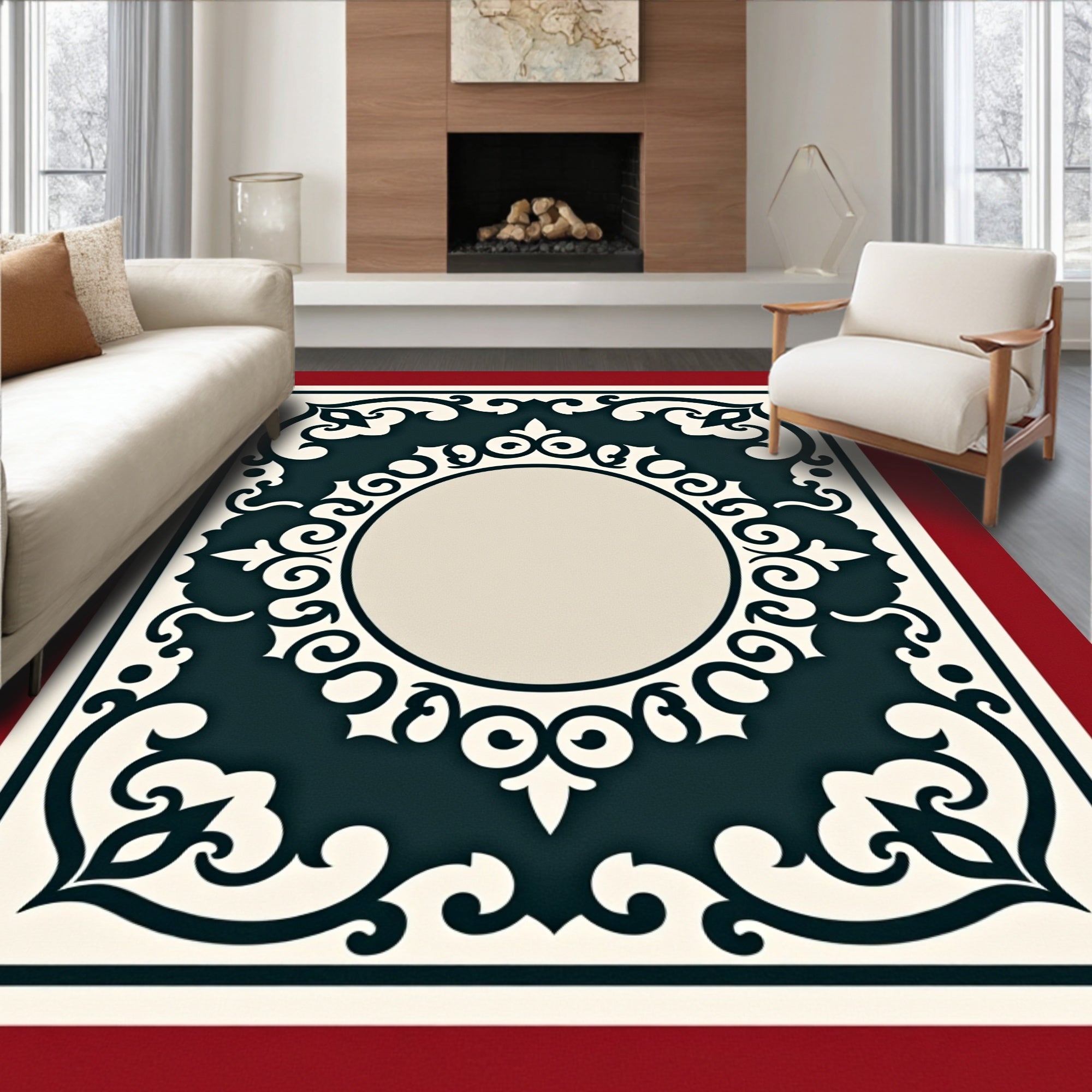 Elegant Cream and Dark Teal Mandala Rug