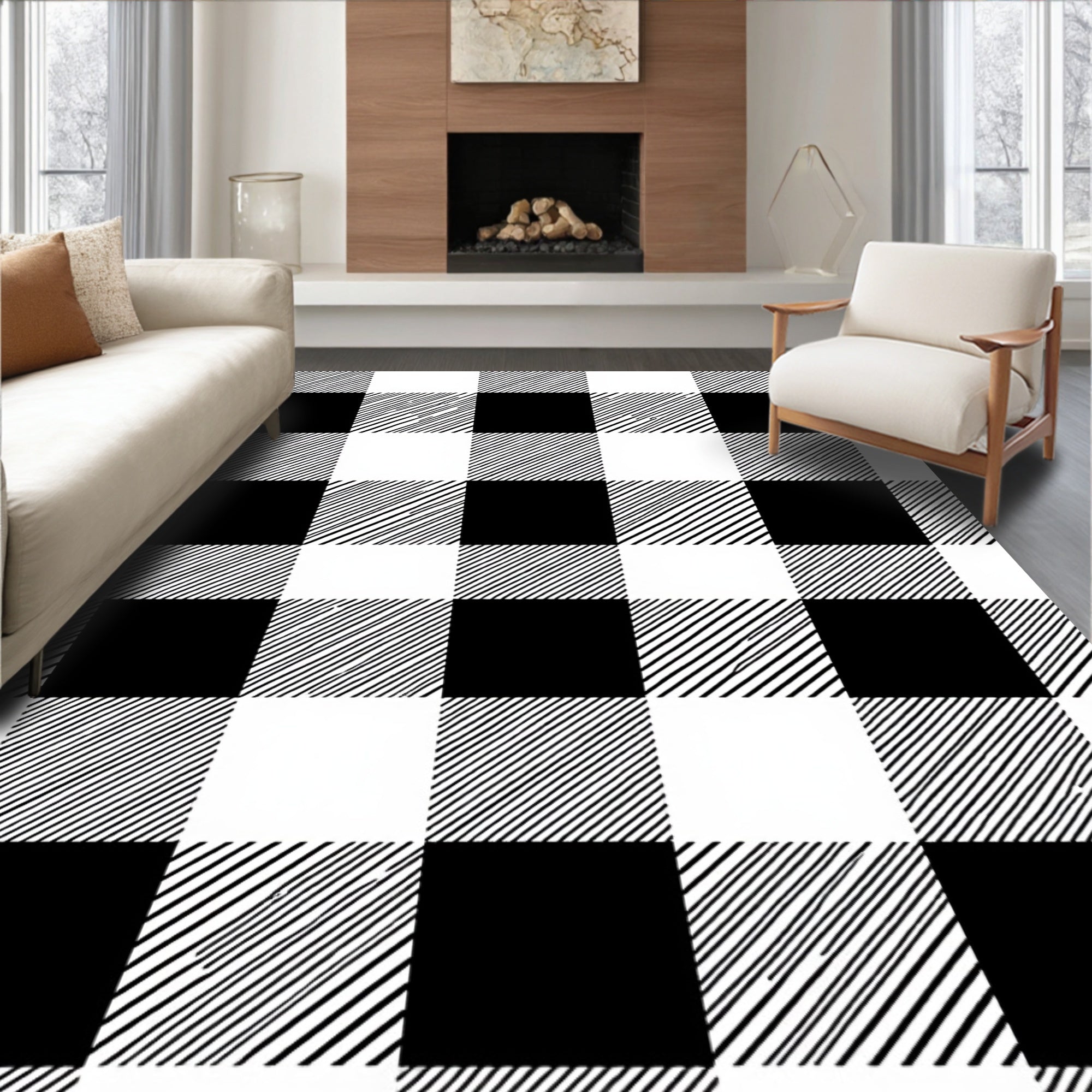 Black White Bold Checkered Design Rug