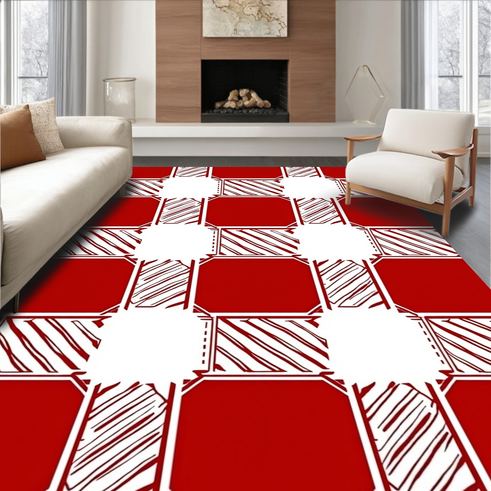 Geometric Red White Checked Pattern Rug