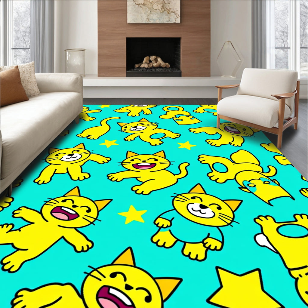 Playful Yellow Cat Star Pattern Rug
