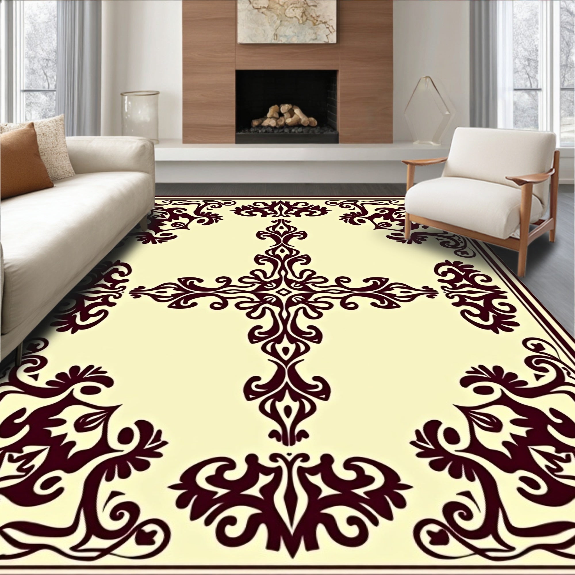 Ornate Dark Floral Scrollwork Design Rug