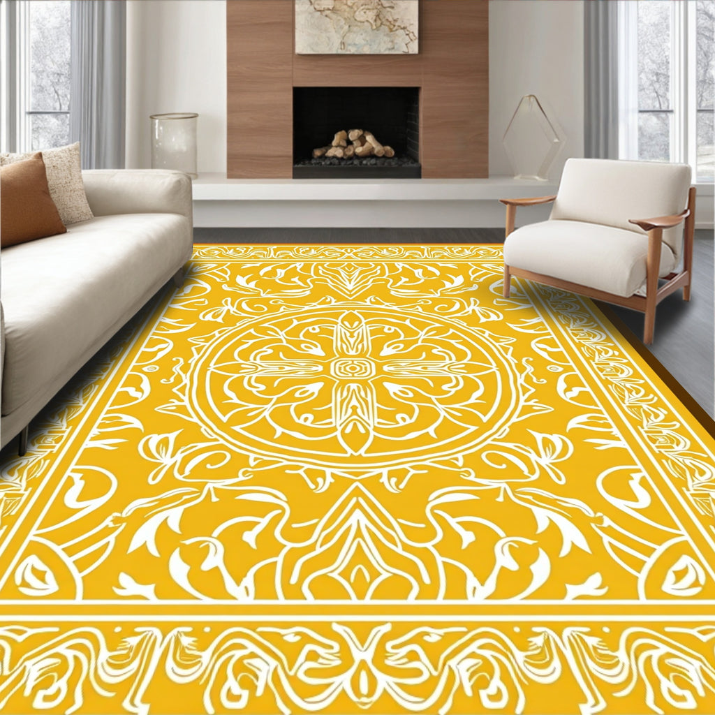 Ornate Yellow White Mandala Pattern Rug