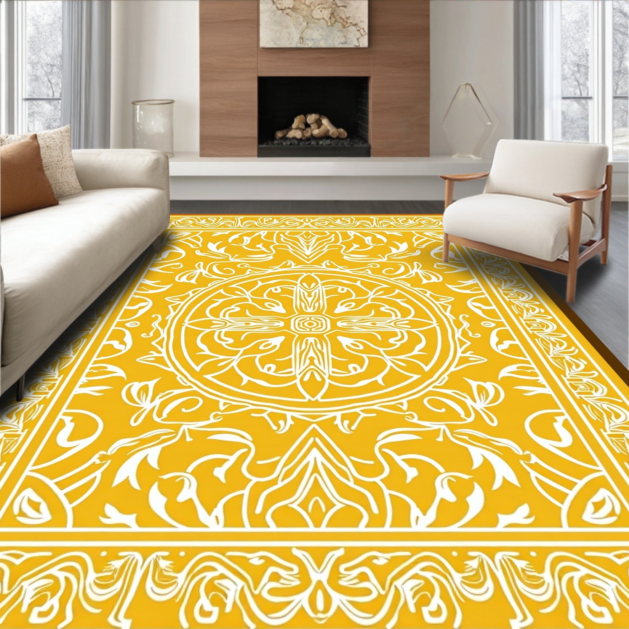 Ornate Yellow White Mandala Pattern Rug