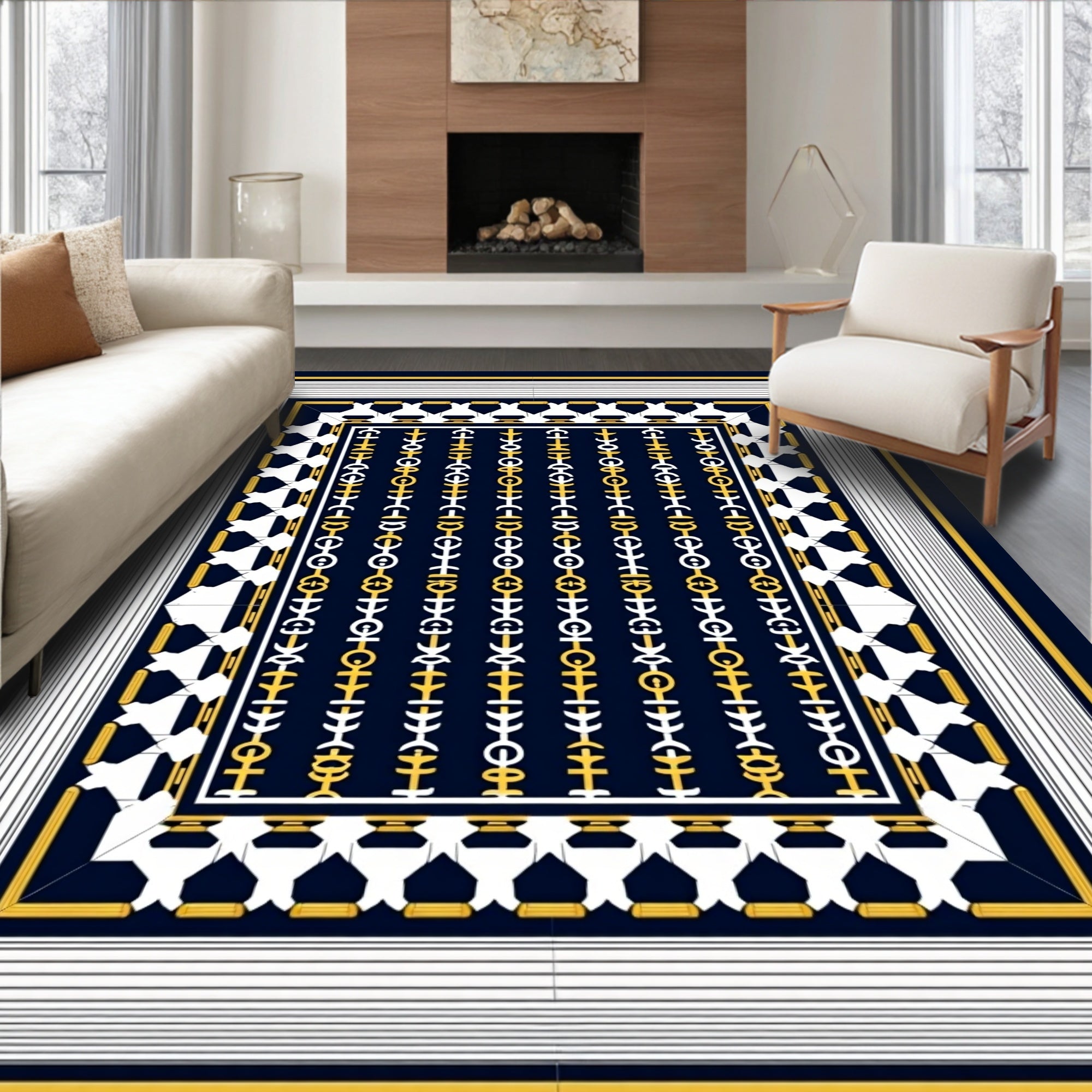 Classic Navy Geometric Chain Pattern Rug